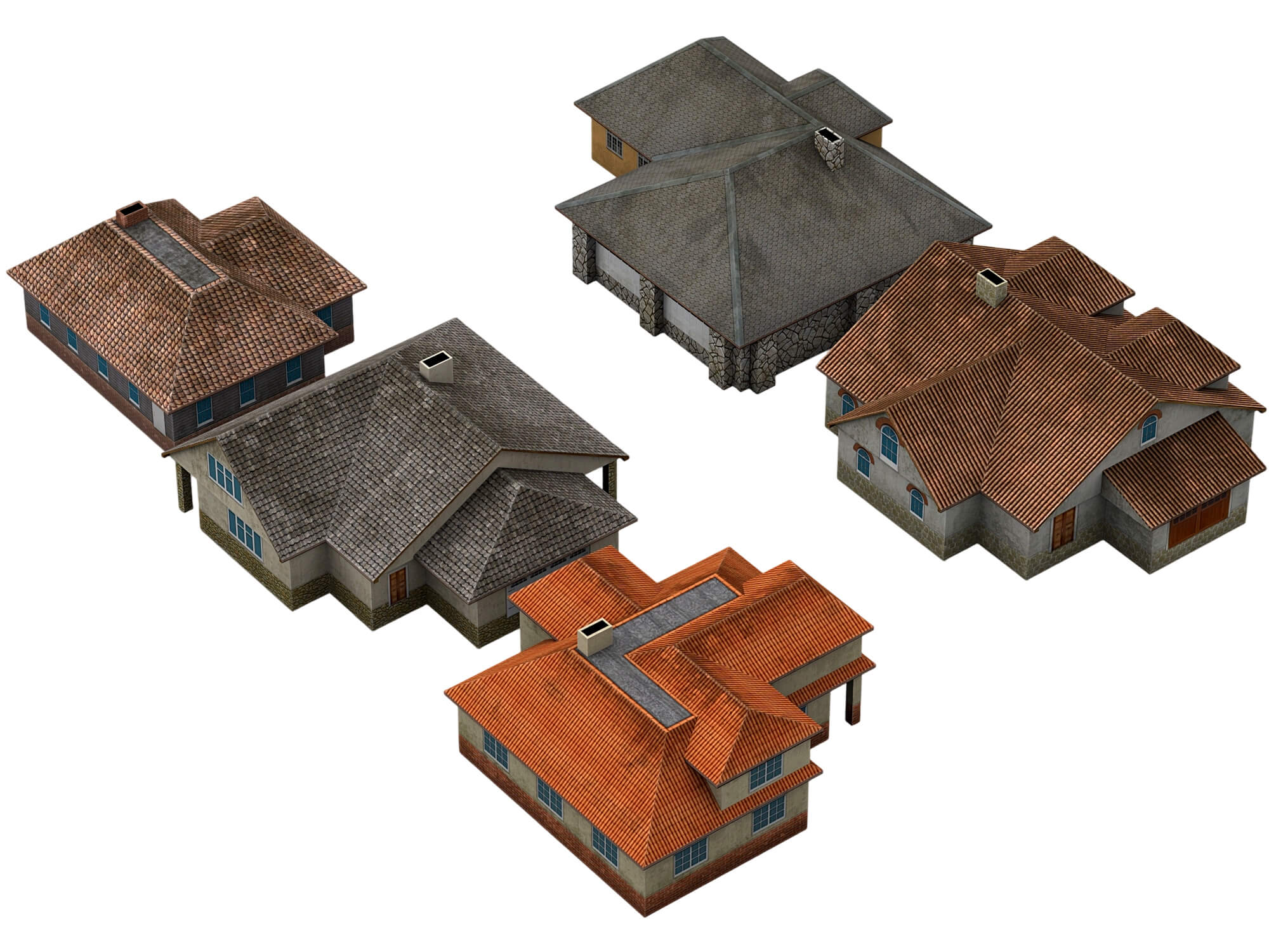 Six Textured Residential Houses With Tiled Roofs 3D Model