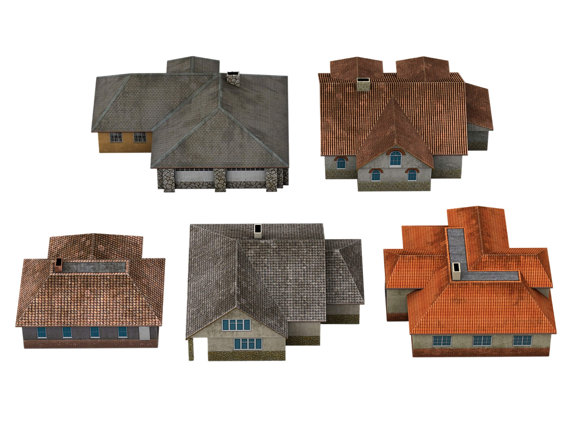 Six Textured Residential Houses With Tiled Roofs 3D Model