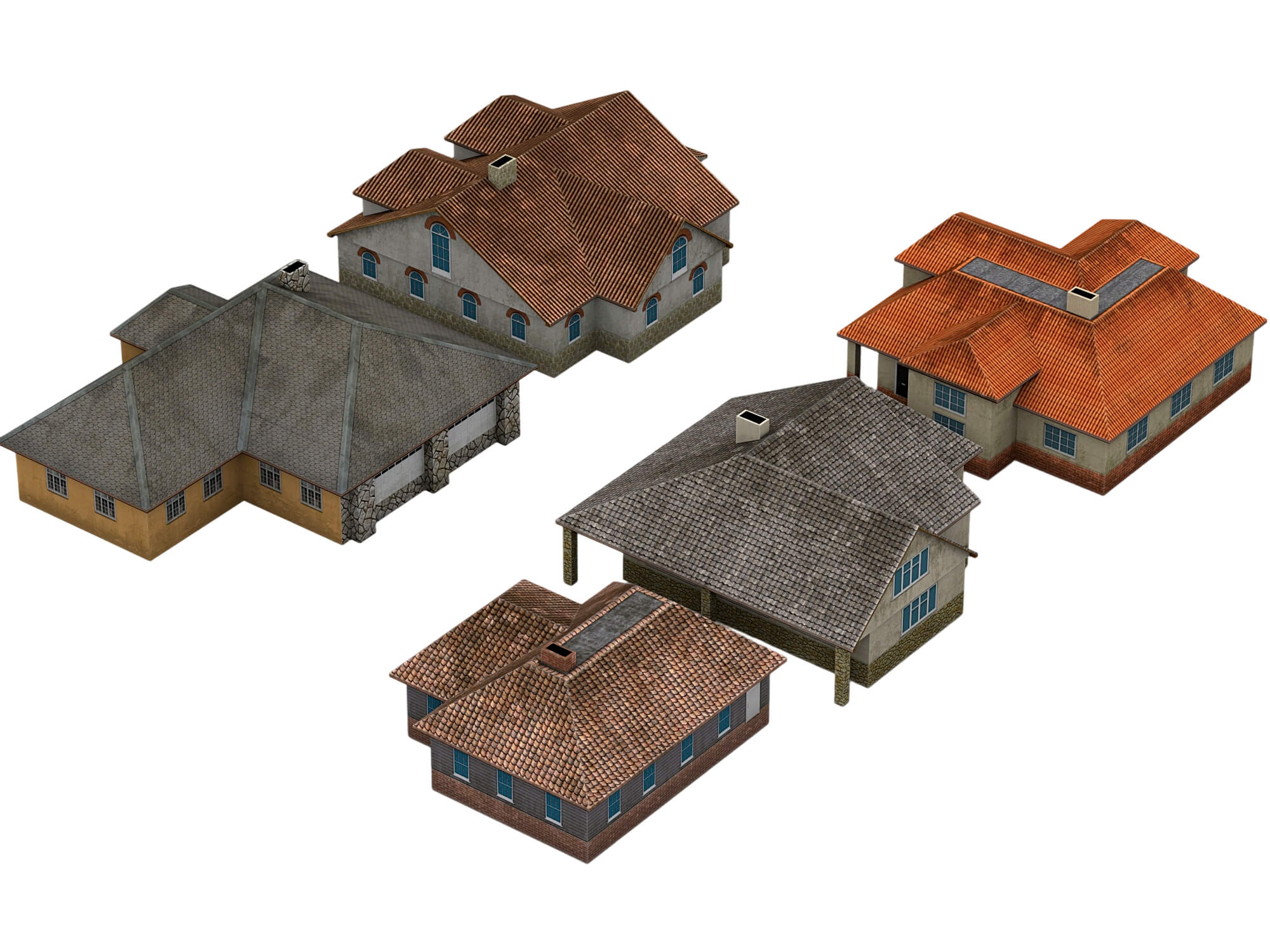 Six Textured Residential Houses With Tiled Roofs 3D Model