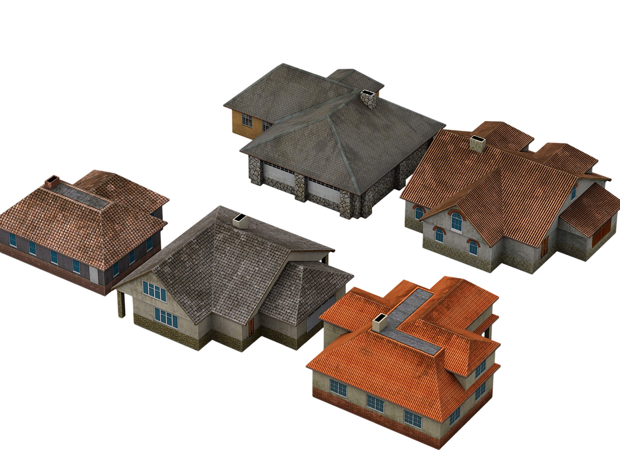 Six Textured Residential Houses With Tiled Roofs 3D Model