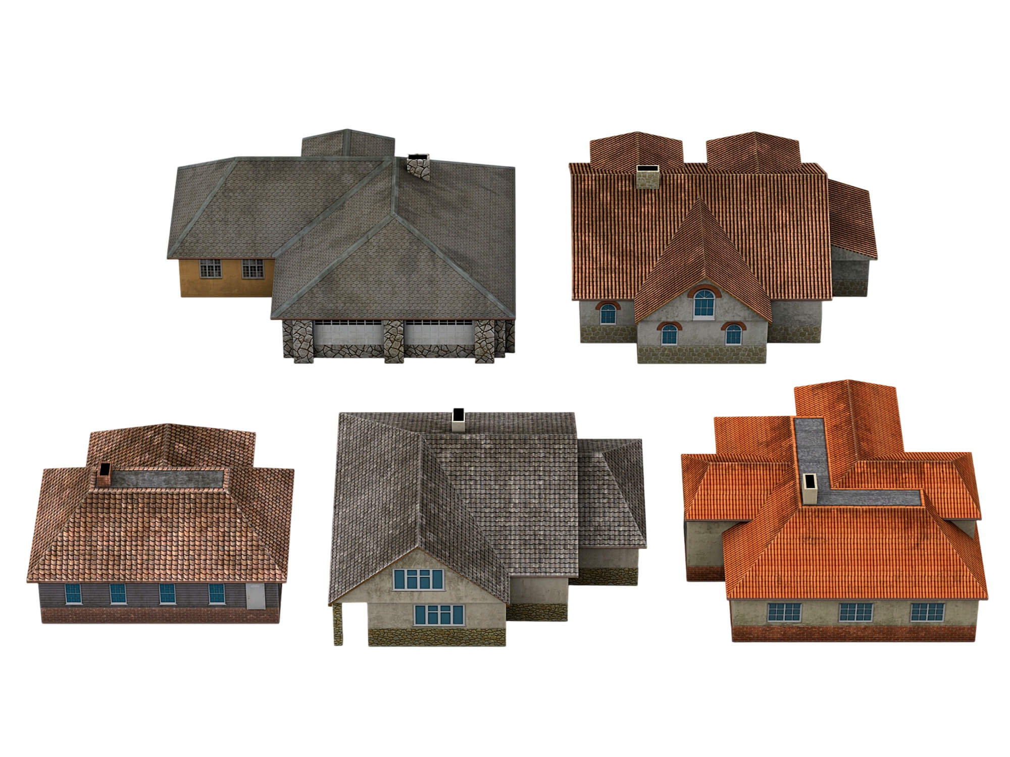 Six Textured Residential Houses With Tiled Roofs 3D Model