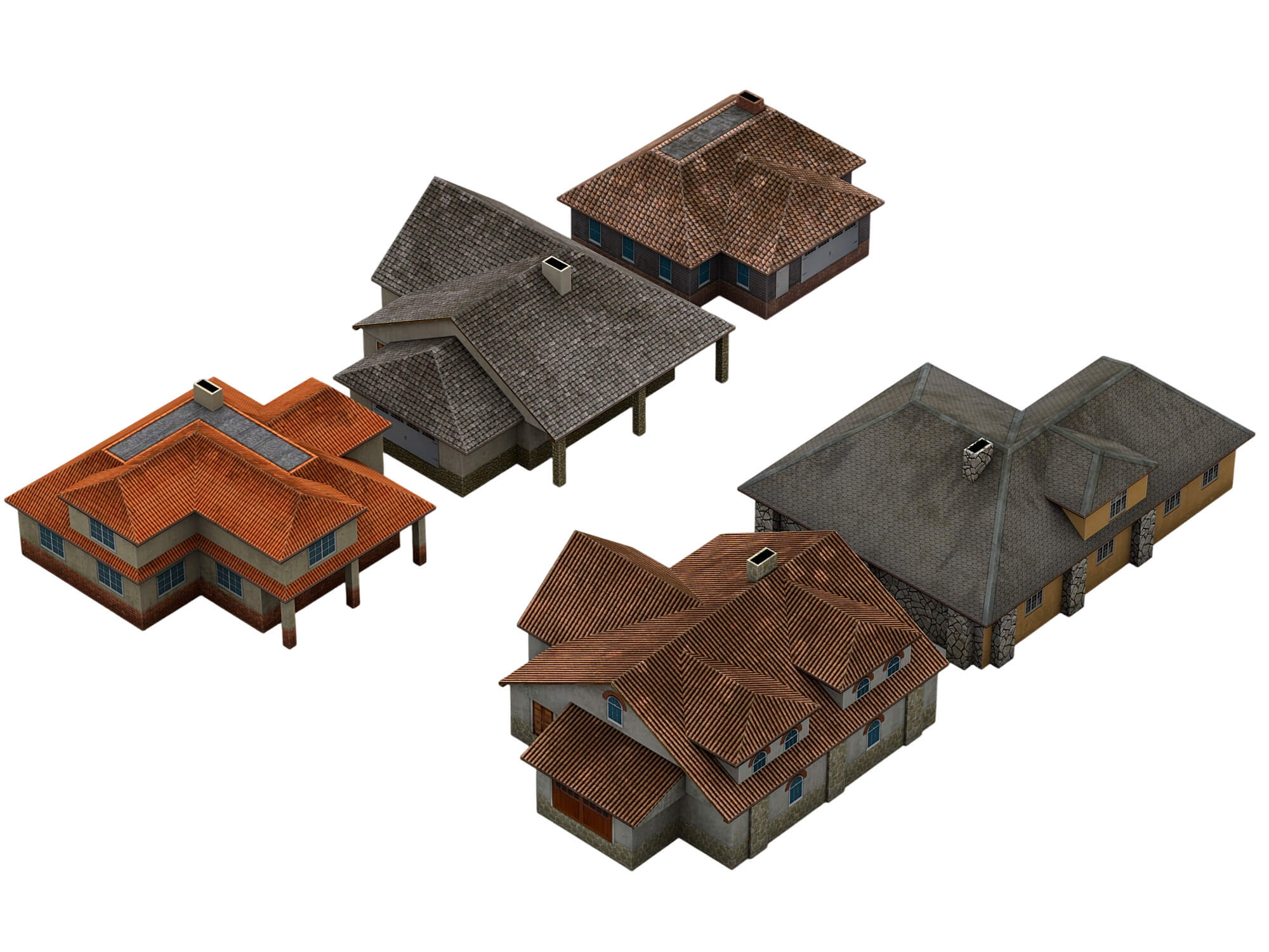 Six Textured Residential Houses With Tiled Roofs 3D Model