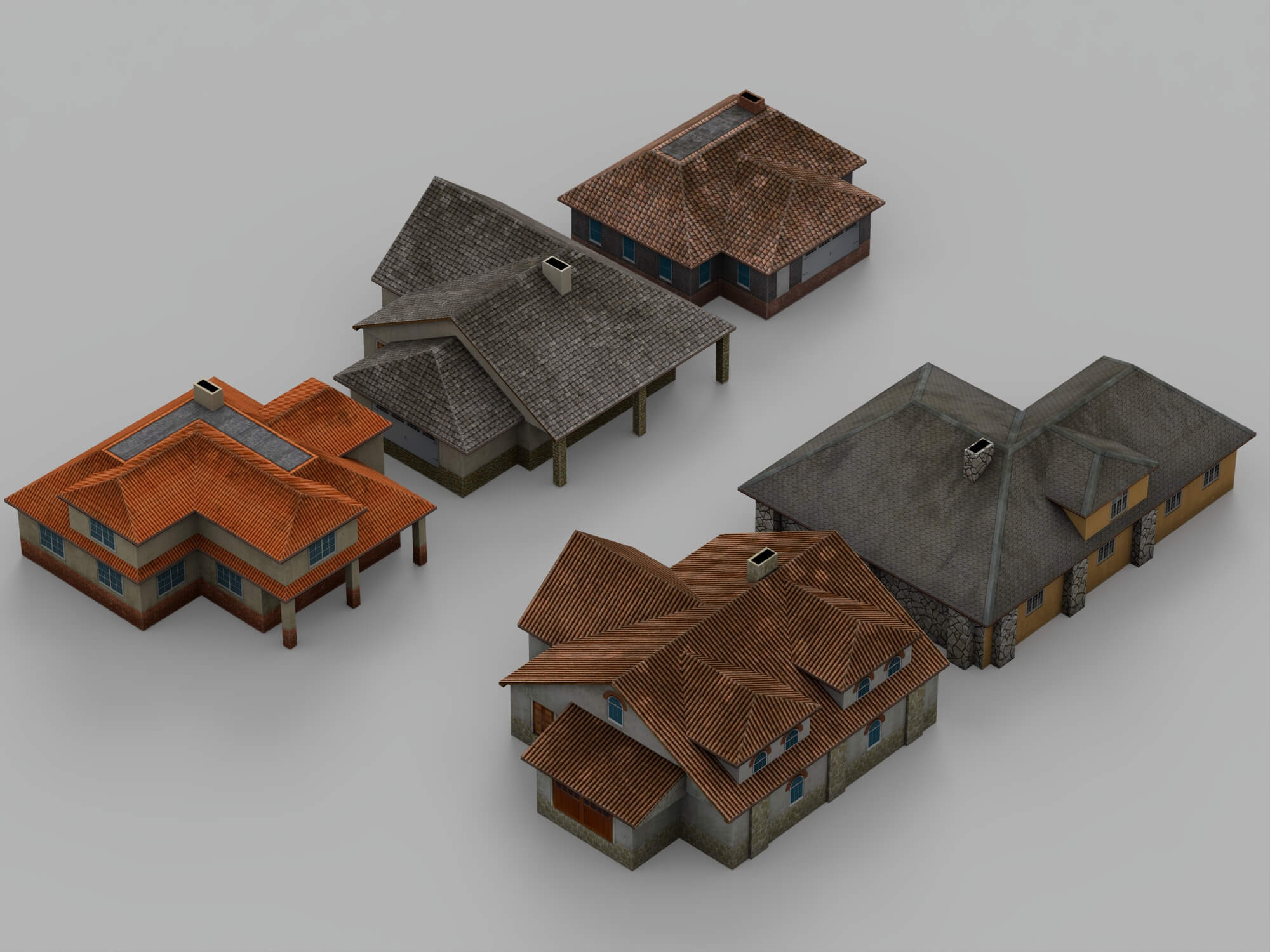 Six Textured Residential Houses With Tiled Roofs 3D Model