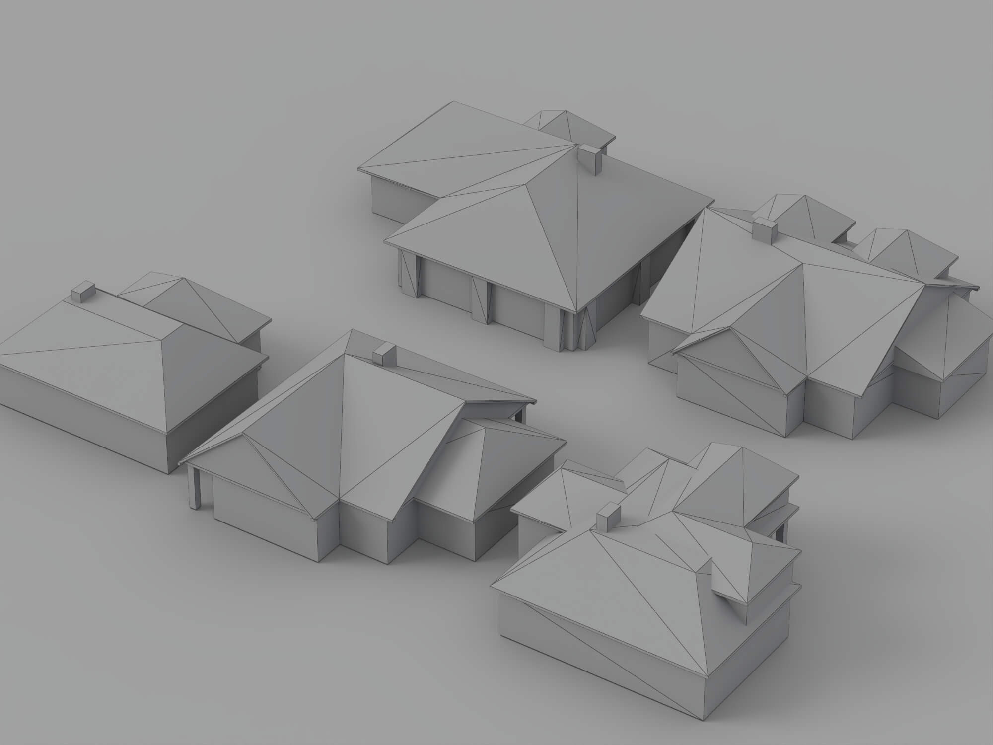 Six Textured Residential Houses With Tiled Roofs 3D Model