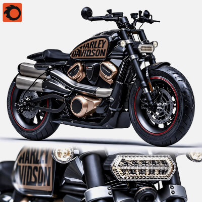 Black Harley-Davidson Custom Cruiser Motorcycle 3D Model