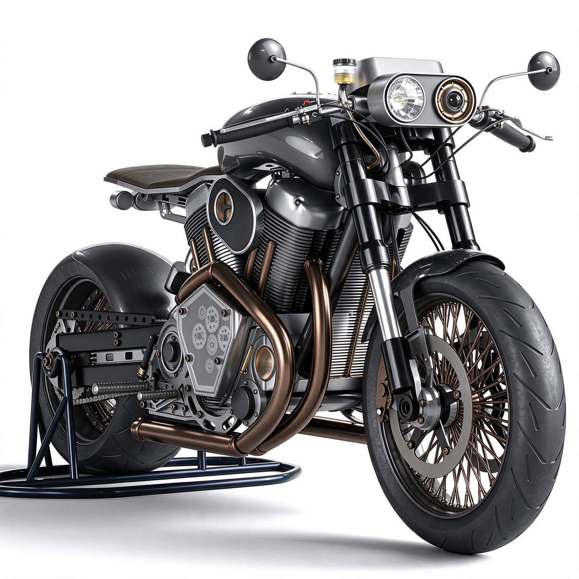 Gray Custom Cafe Racer Motorcycle with Copper Pipes 3D Model 3D Model