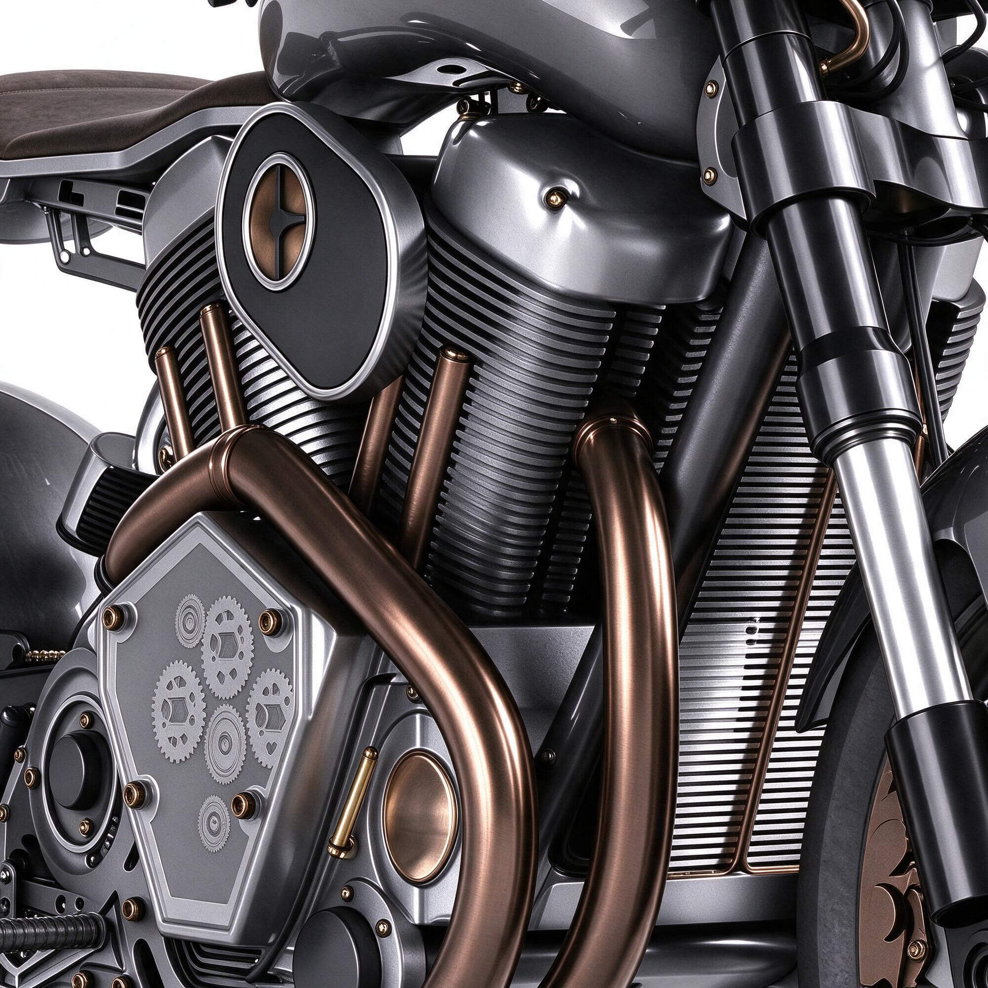 Gray Custom Cafe Racer Motorcycle with Copper Pipes 3D Model 3D Model