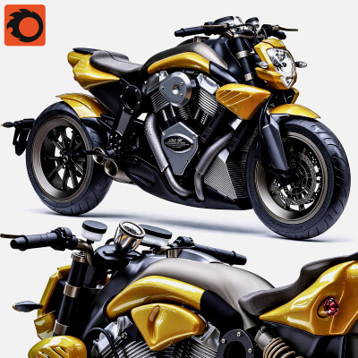 Yellow Black Custom Naked Street Motorcycle 3D Model