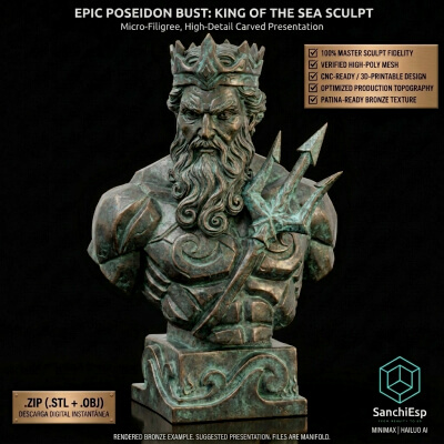 Epic Poseidon Bust - God of the Sea - High-Detail 3D Printab