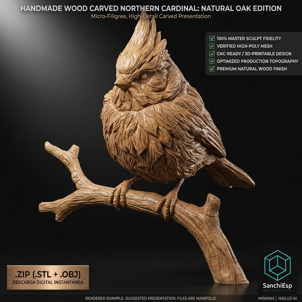 Handmade Wood Carved Northern Cardinal 3D Model