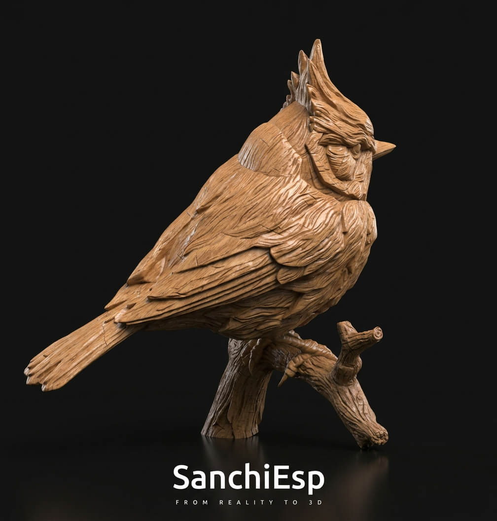 Handmade Wood Carved Northern Cardinal 3D Model