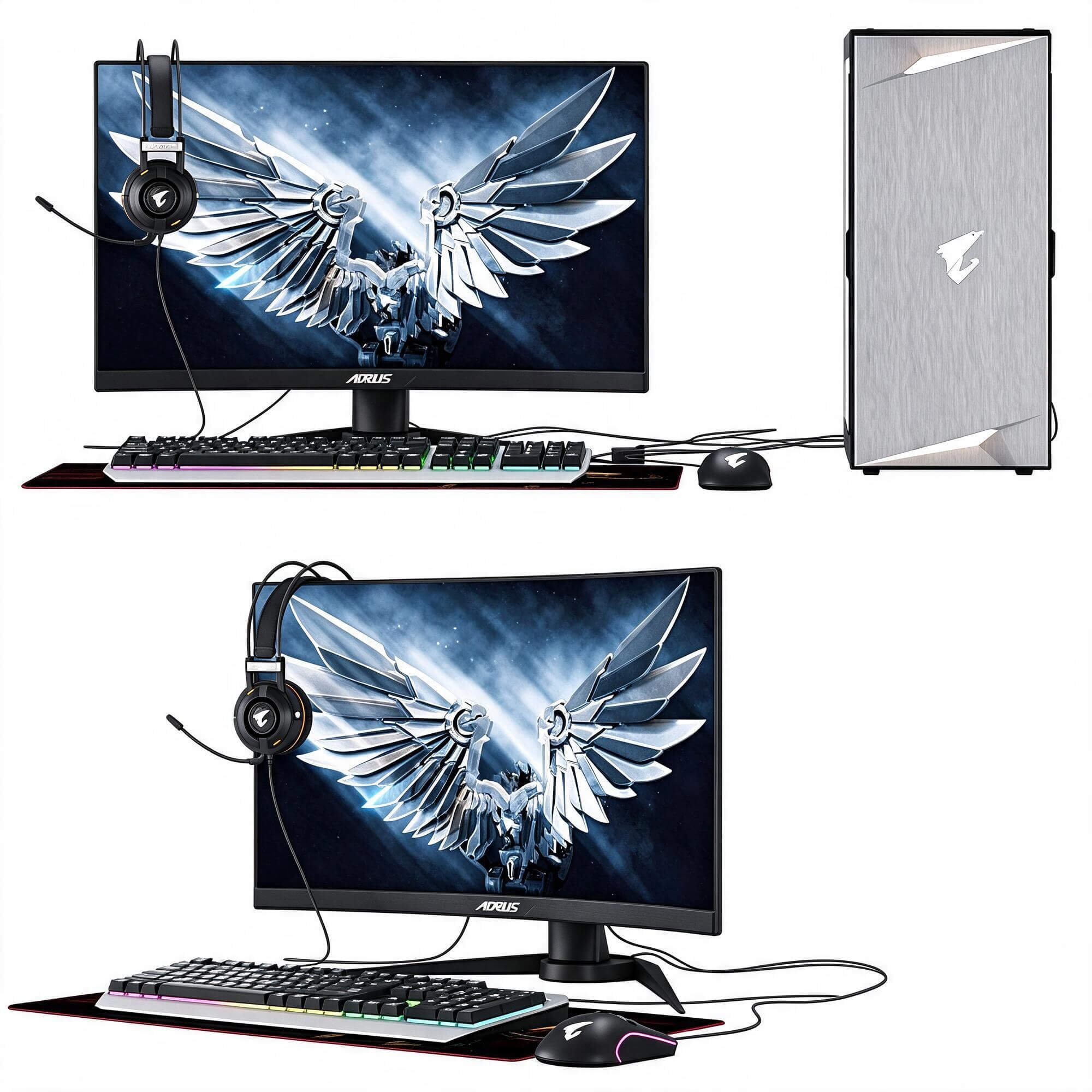 AORUS Gaming PC Set Flat and Curved Monitor 3D Model 3D Model
