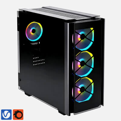 Black Gaming PC Case with RGB Cooling Fans 3D Model 3D Model
