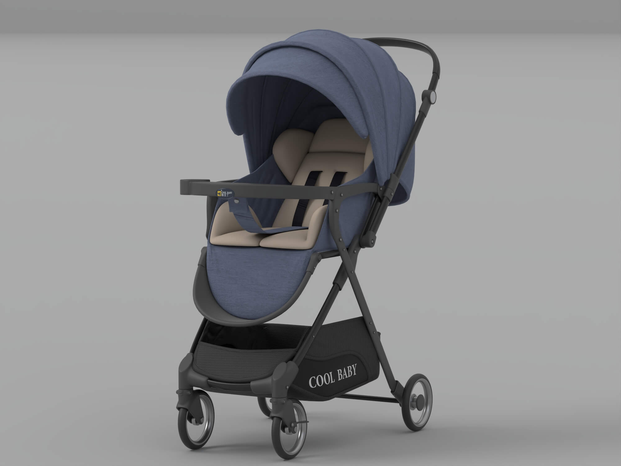Blue Cool Baby Stroller With Canopy And Storage Basket 3D Model