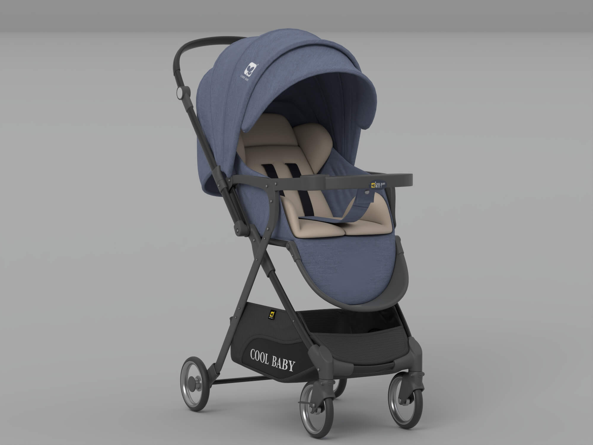 Blue Cool Baby Stroller With Canopy And Storage Basket 3D Model