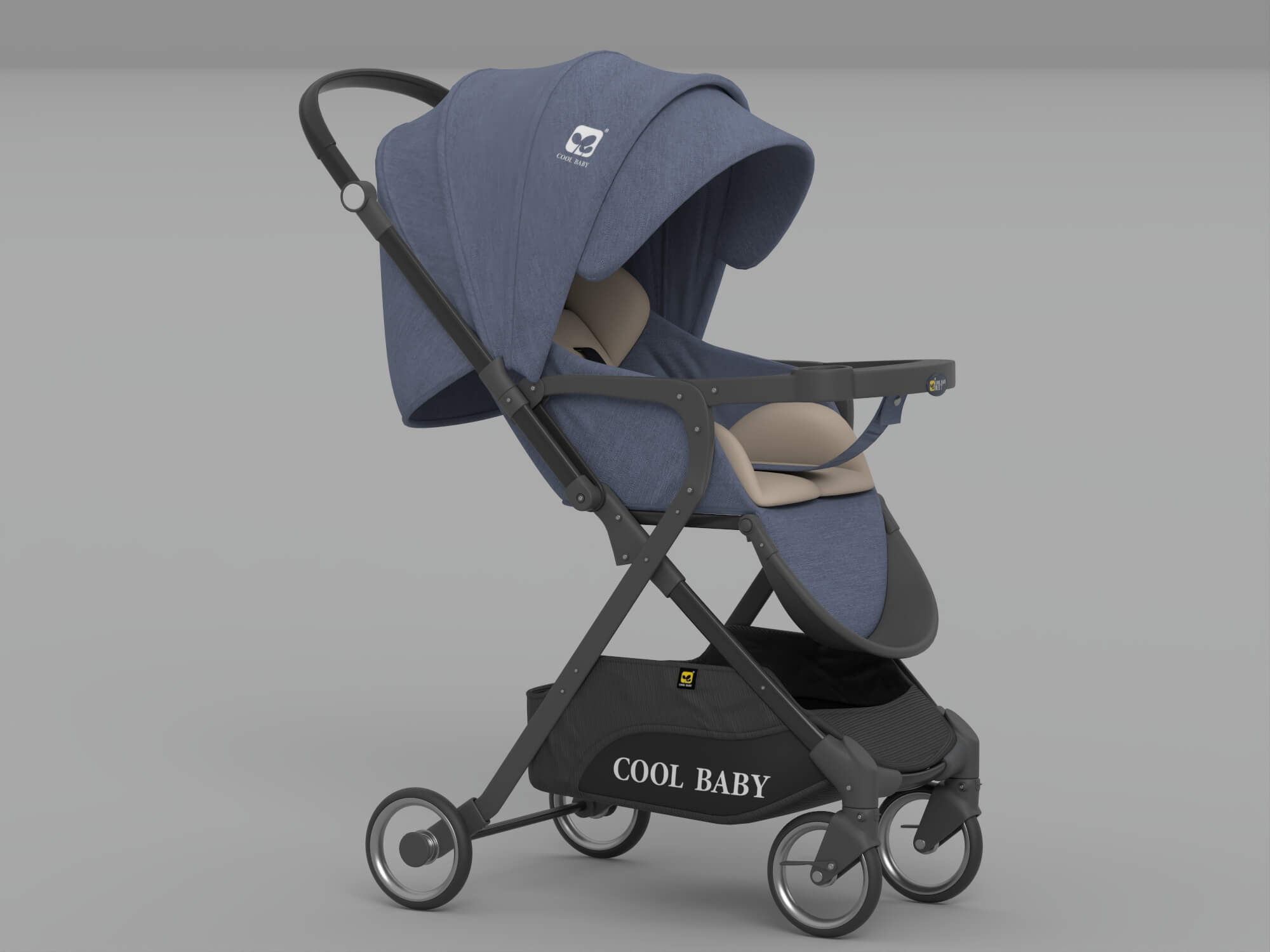 Blue Cool Baby Stroller With Canopy And Storage Basket 3D Model