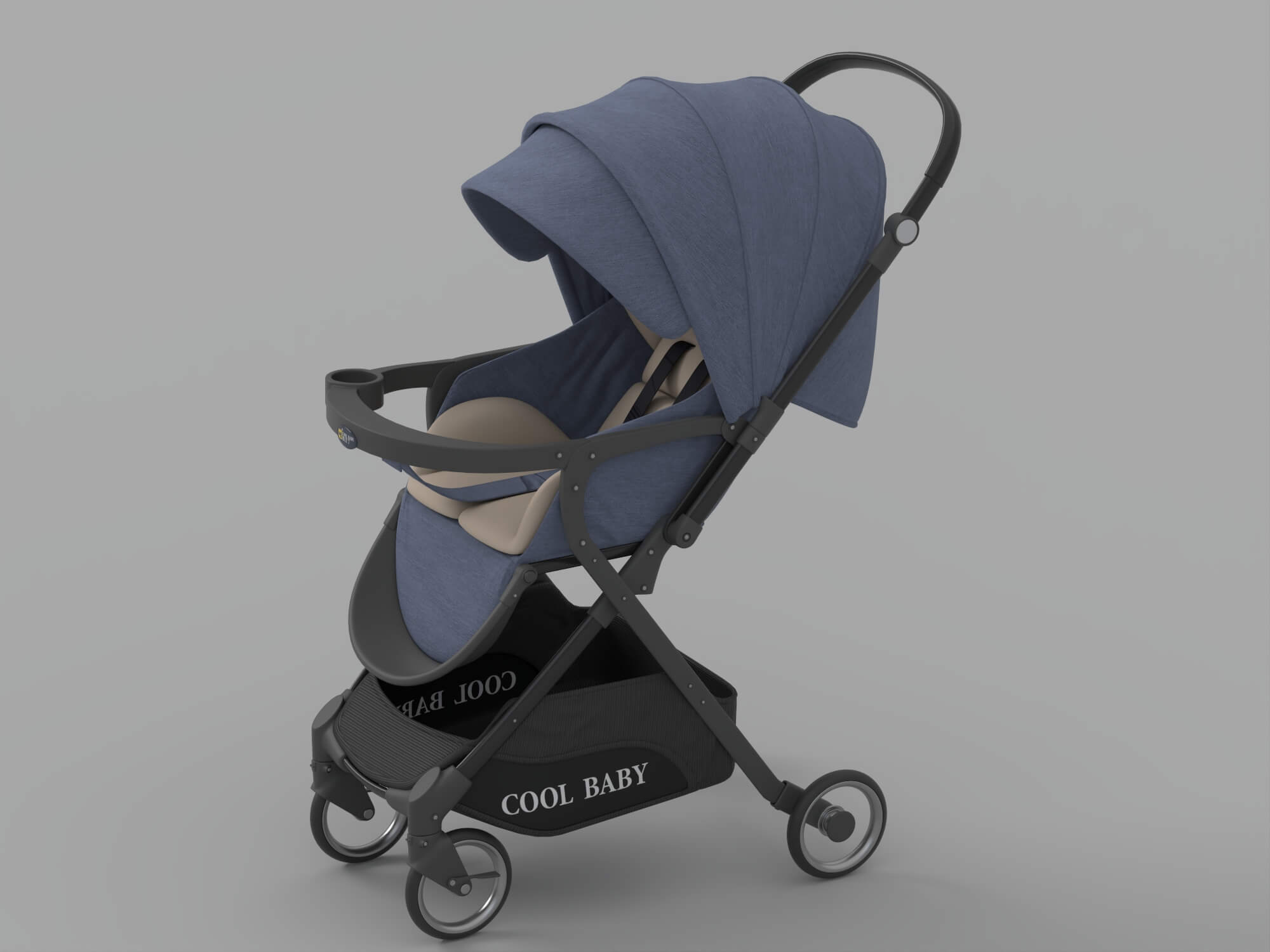 Blue Cool Baby Stroller With Canopy And Storage Basket 3D Model