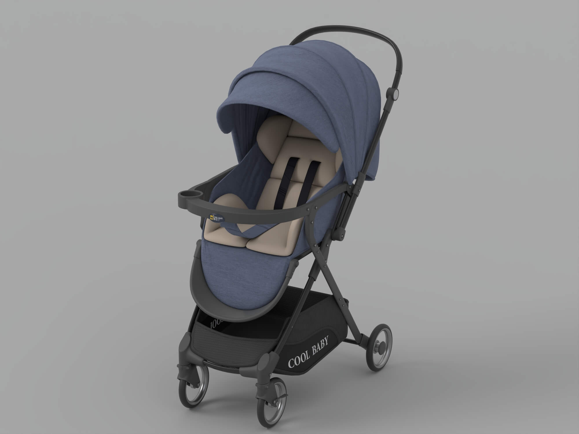 Blue Cool Baby Stroller With Canopy And Storage Basket 3D Model