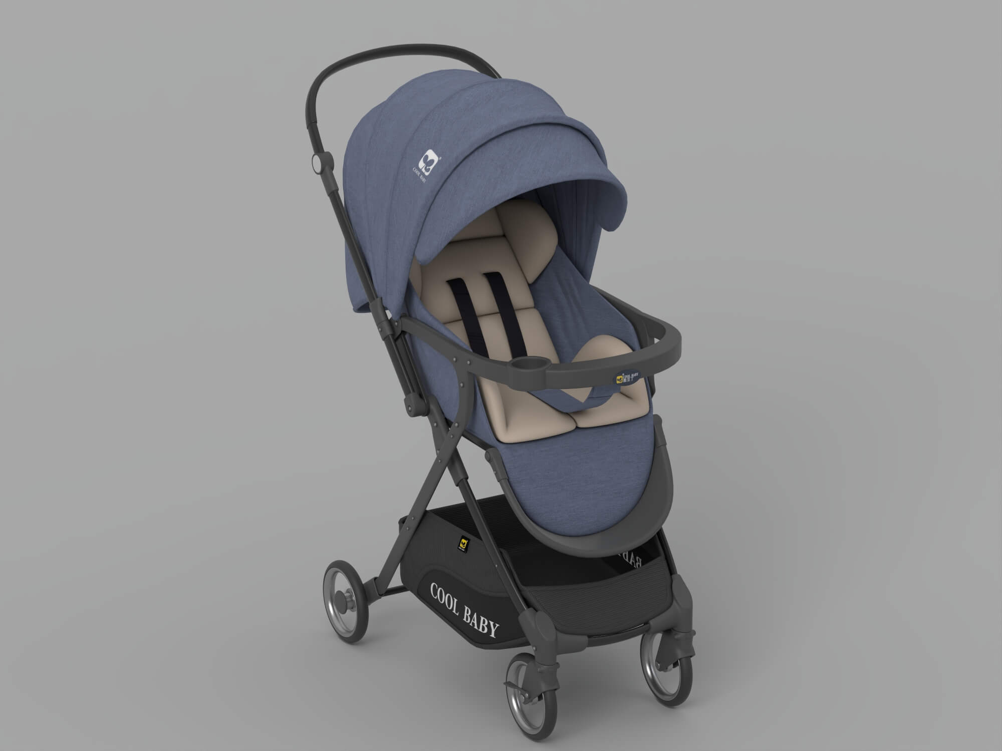 Blue Cool Baby Stroller With Canopy And Storage Basket 3D Model