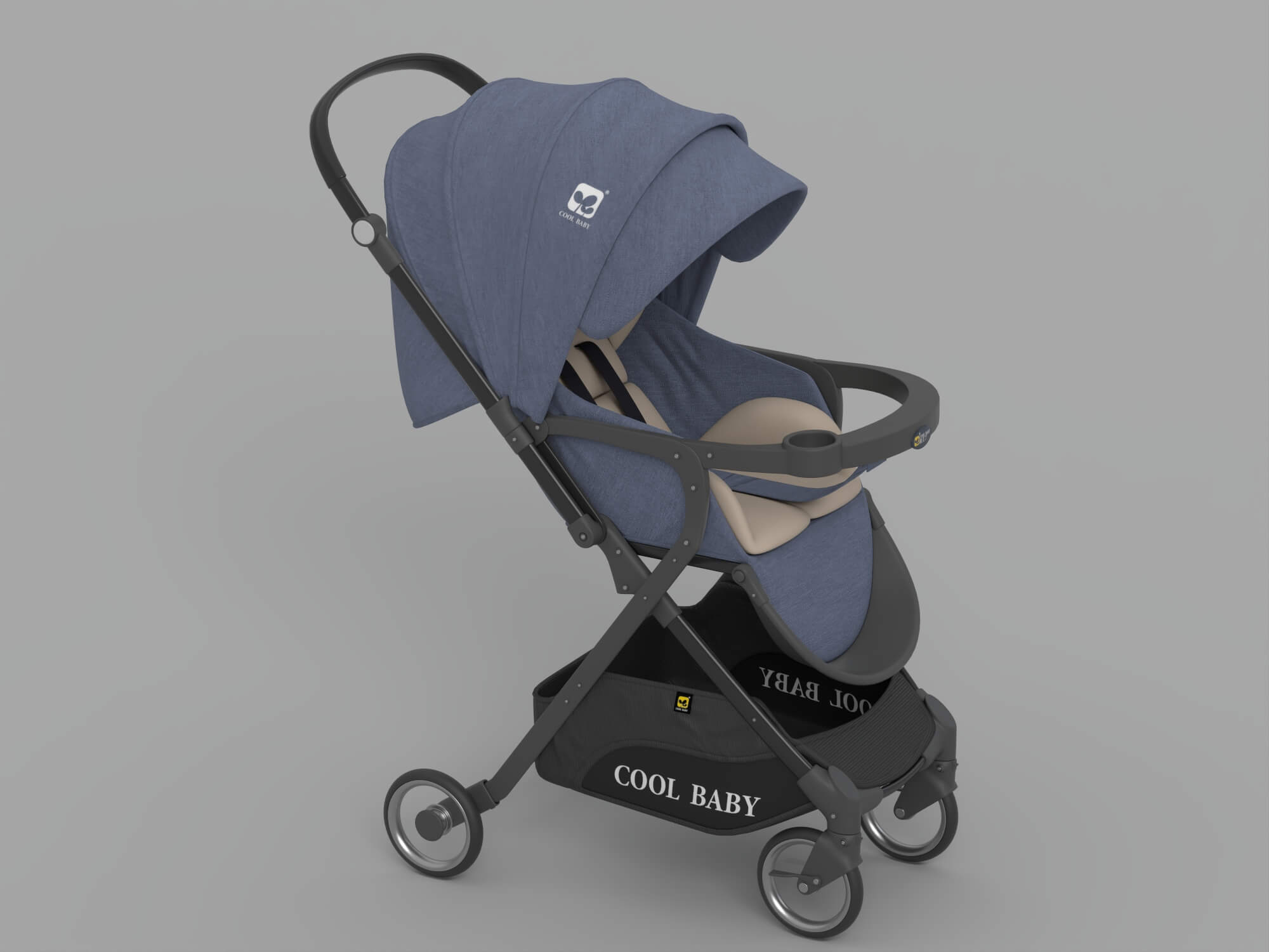 Blue Cool Baby Stroller With Canopy And Storage Basket 3D Model