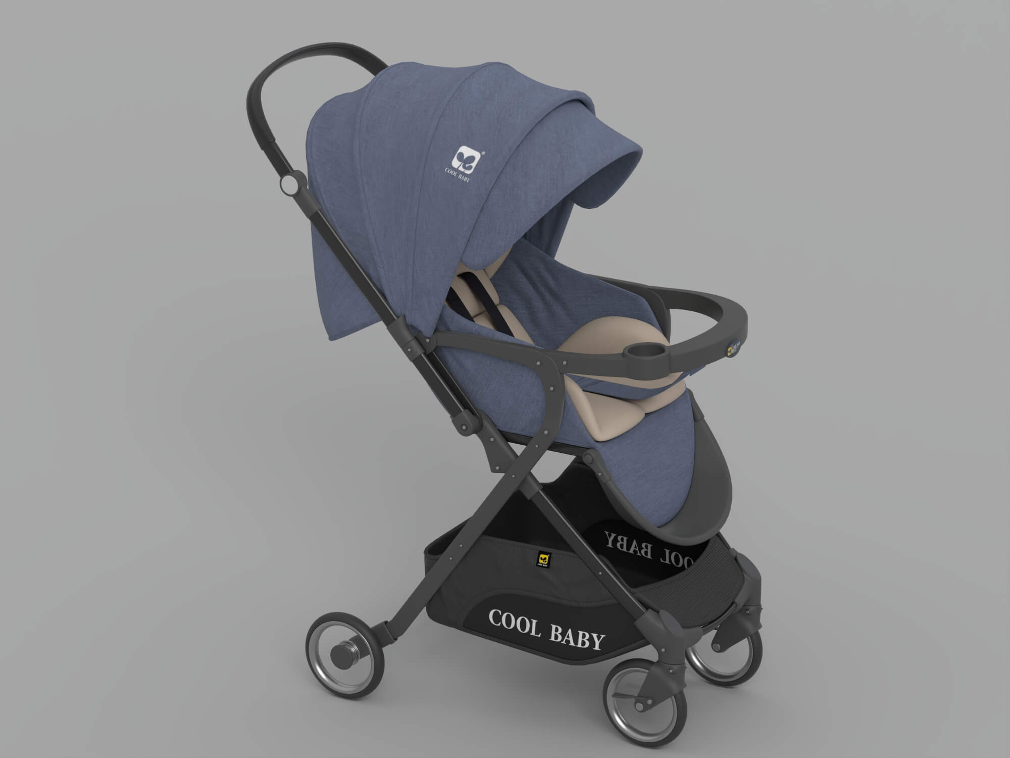 Blue Cool Baby Stroller With Canopy And Storage Basket 3D Model
