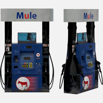 Blue Mule Branded Gas Pump with Hoses and Top Sign