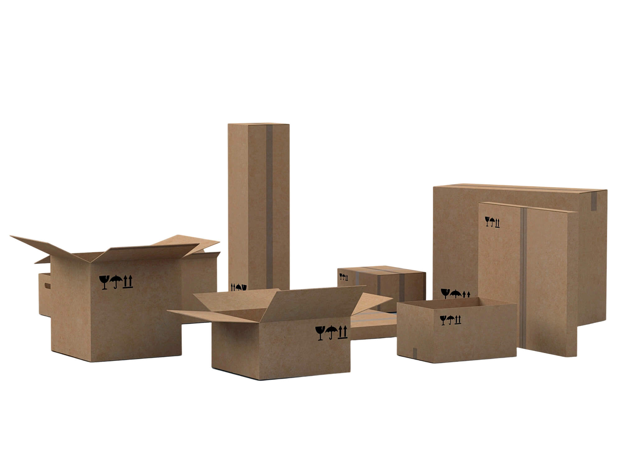 Cardboard Shipping Box Set with Tape and Handling Symbols 3D Model