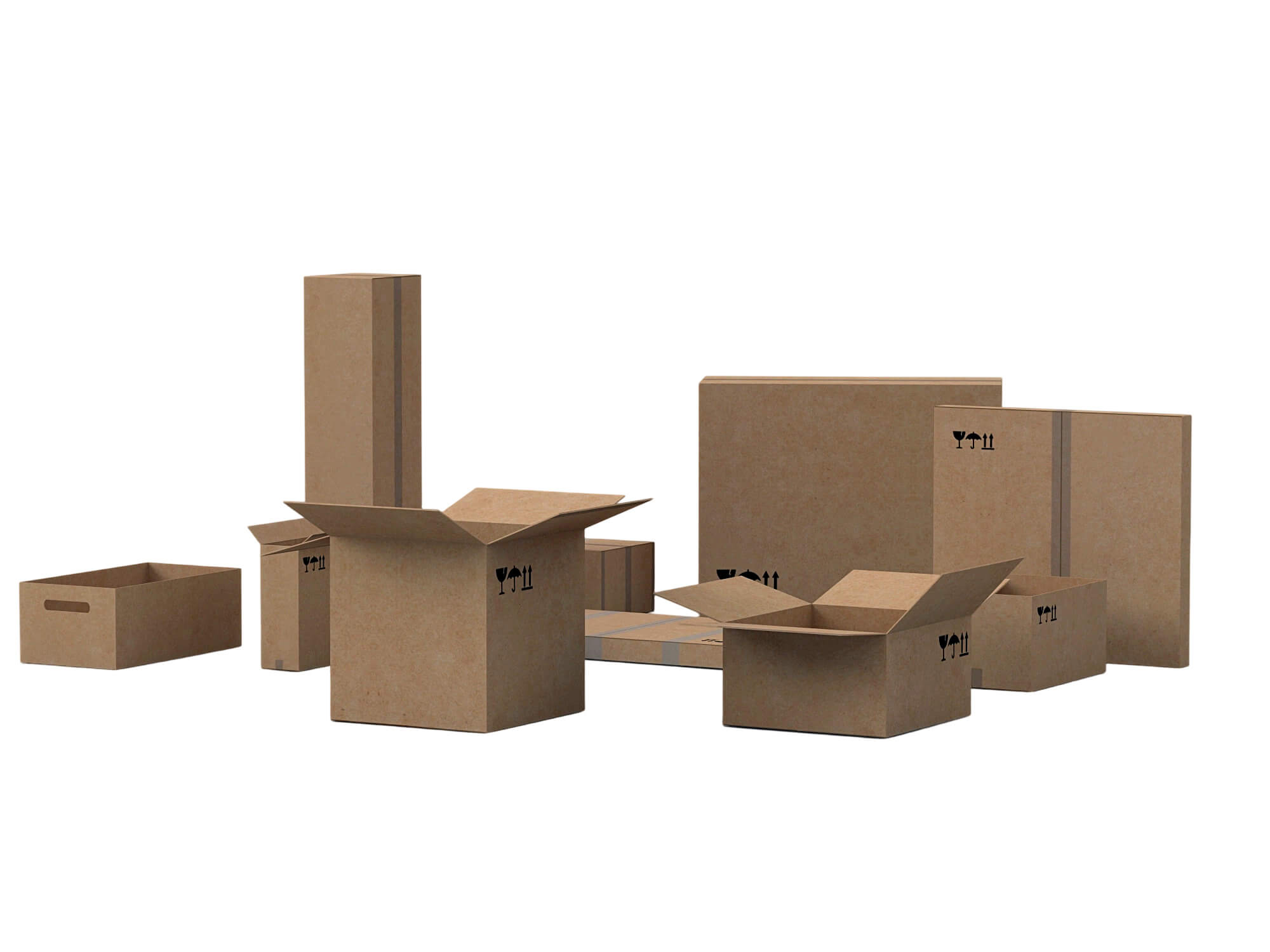 Cardboard Shipping Box Set with Tape and Handling Symbols 3D Model