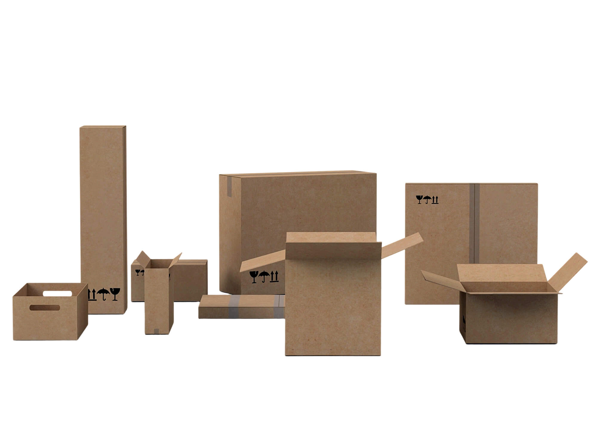 Cardboard Shipping Box Set with Tape and Handling Symbols 3D Model