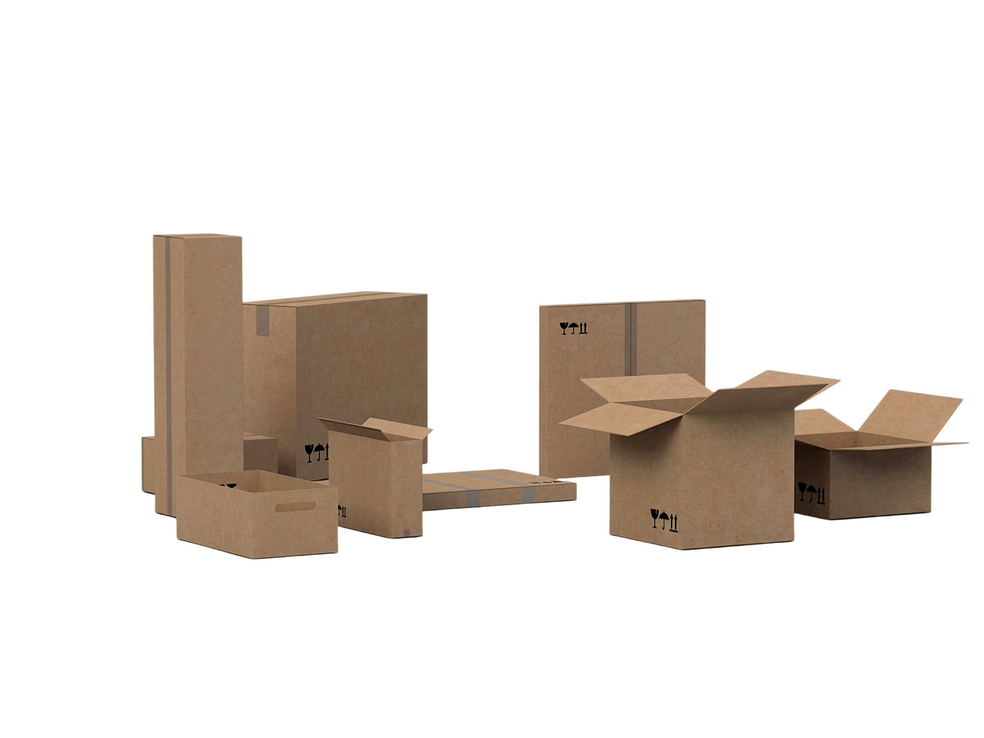Cardboard Shipping Box Set with Tape and Handling Symbols 3D Model