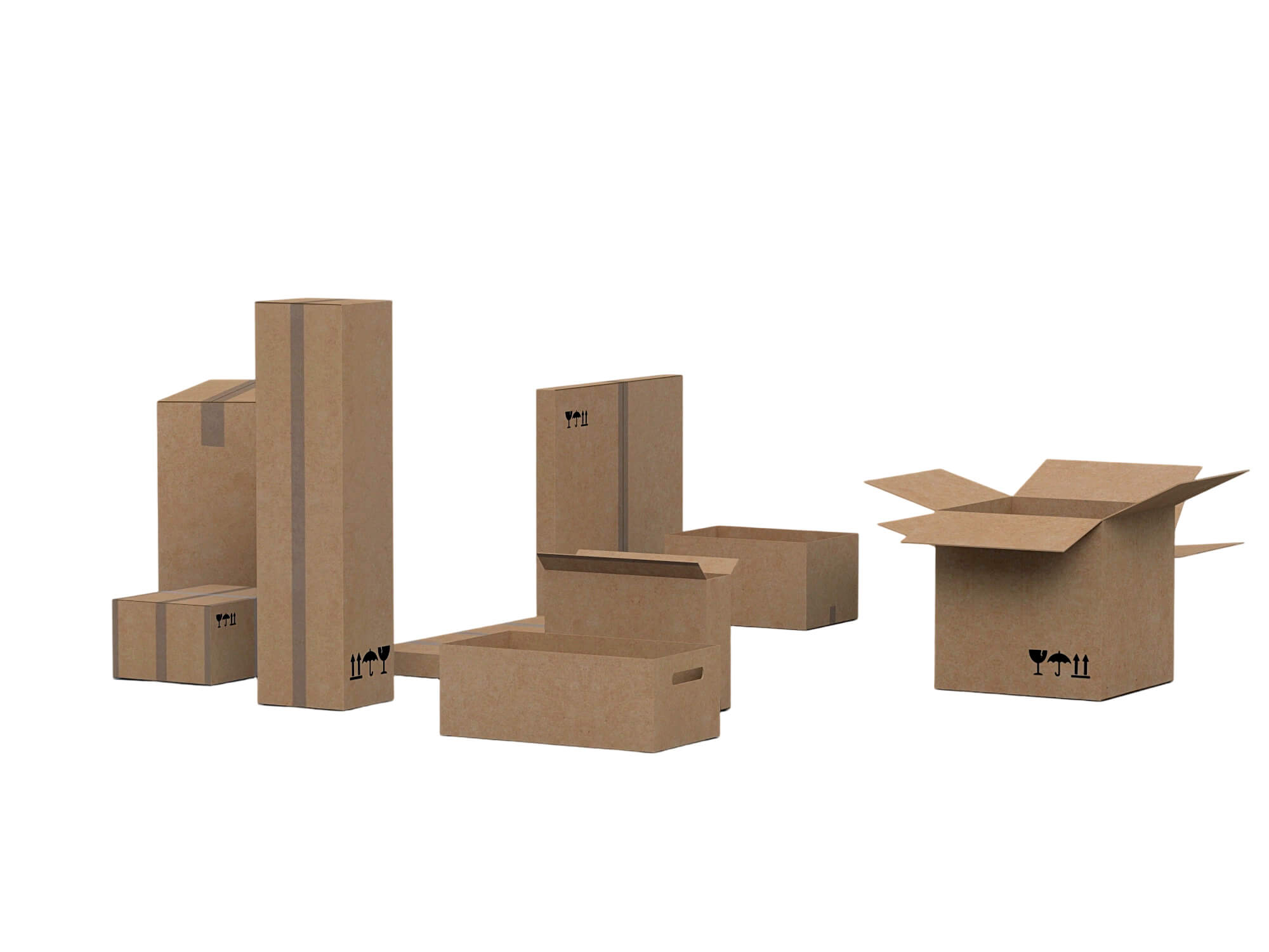 Cardboard Shipping Box Set with Tape and Handling Symbols 3D Model