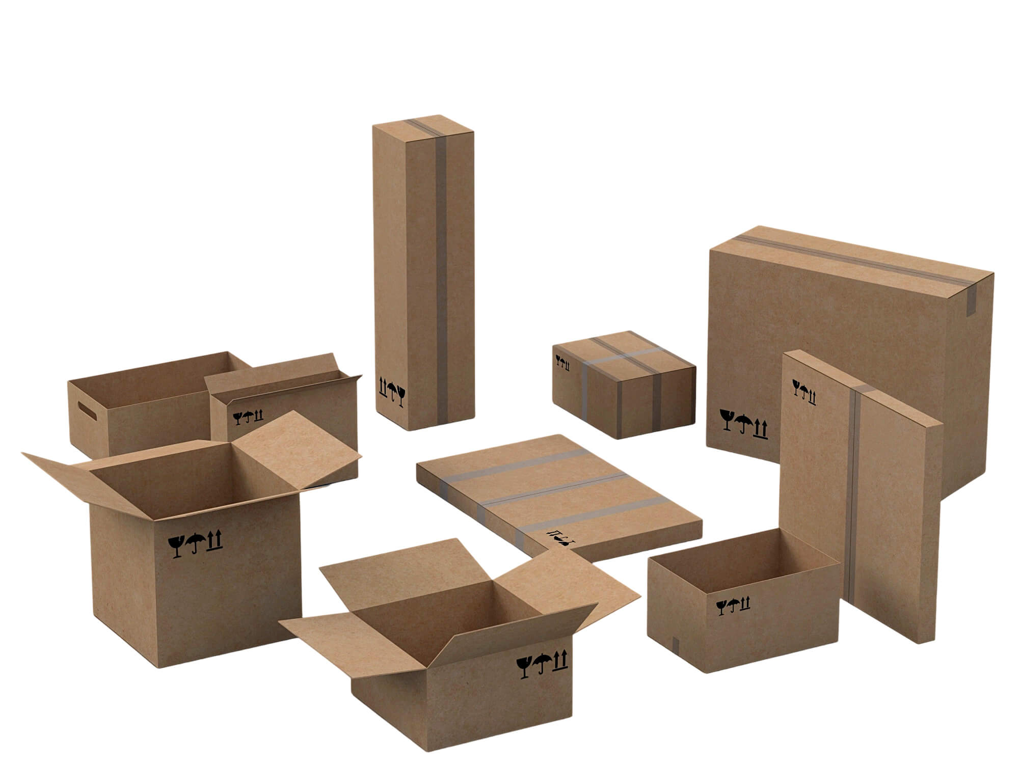Cardboard Shipping Box Set with Tape and Handling Symbols 3D Model