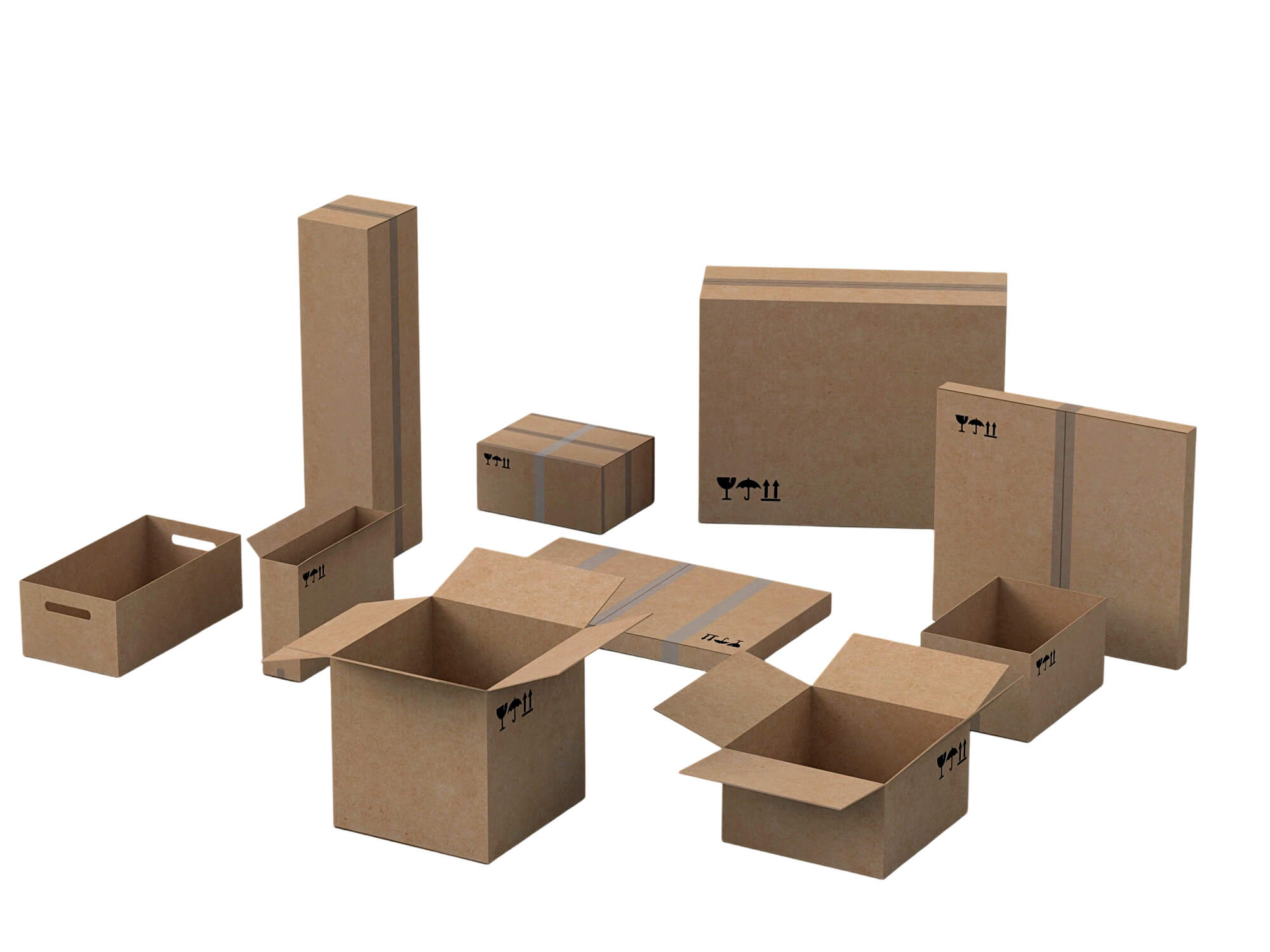 Cardboard Shipping Box Set with Tape and Handling Symbols 3D Model