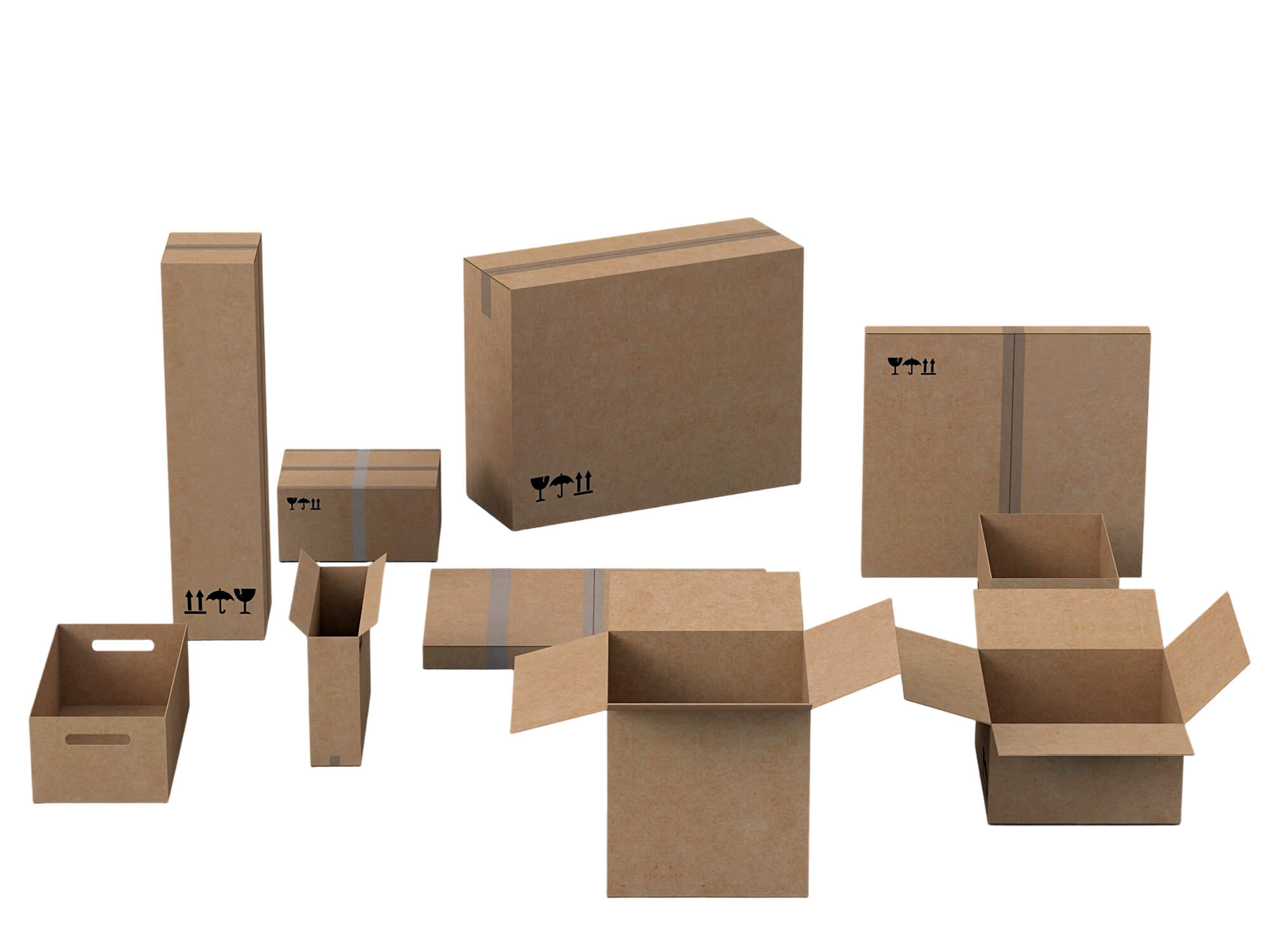Cardboard Shipping Box Set with Tape and Handling Symbols 3D Model