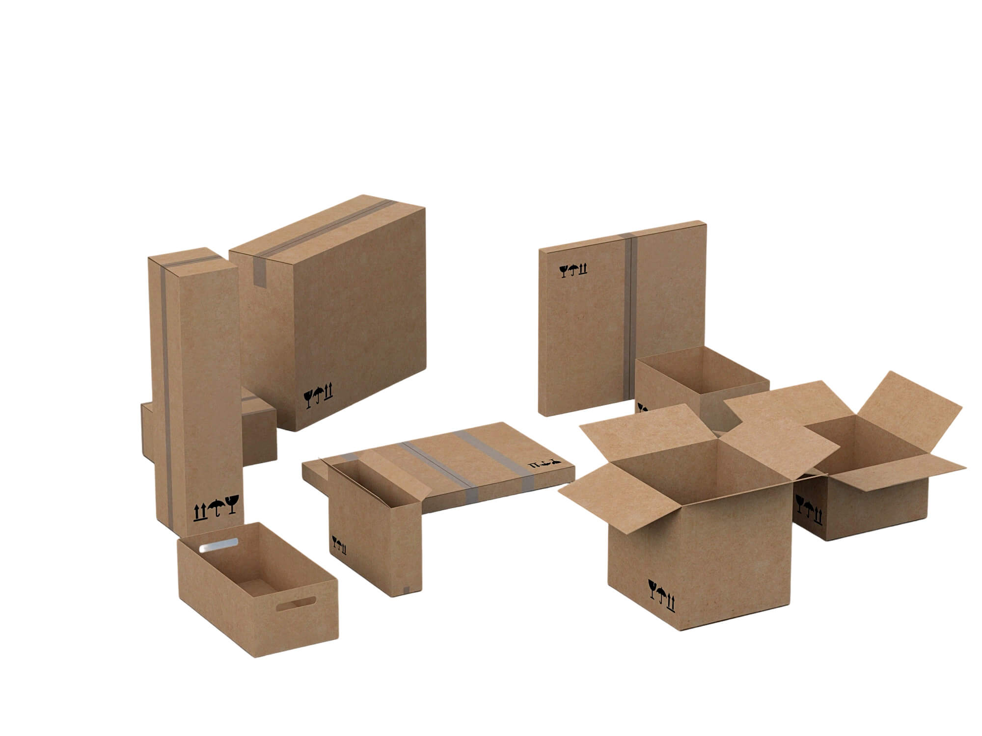 Cardboard Shipping Box Set with Tape and Handling Symbols 3D Model