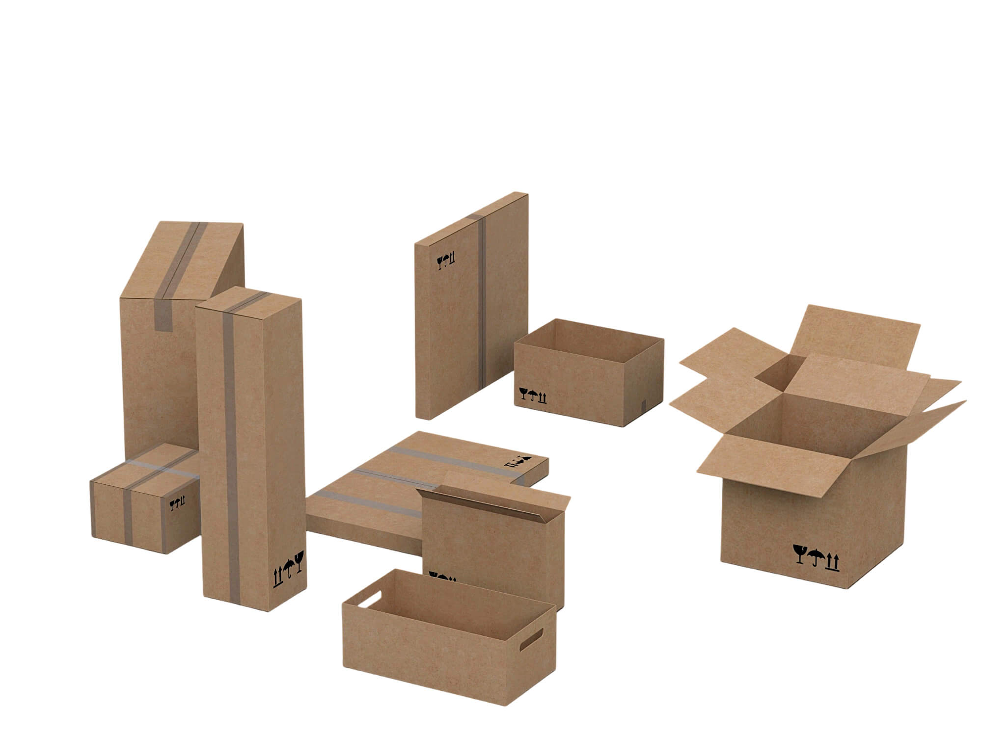 Cardboard Shipping Box Set with Tape and Handling Symbols 3D Model