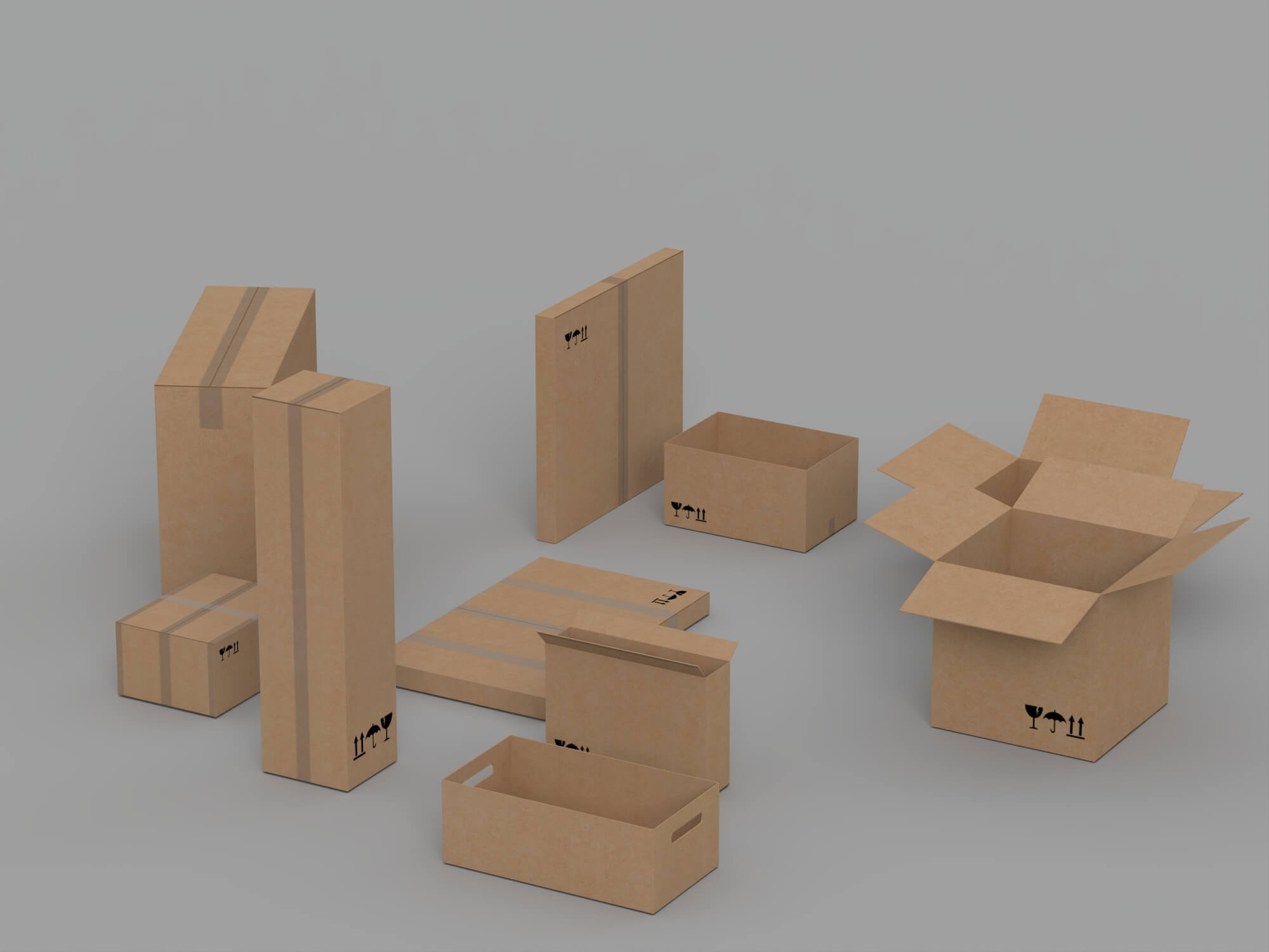 Cardboard Shipping Box Set with Tape and Handling Symbols 3D Model
