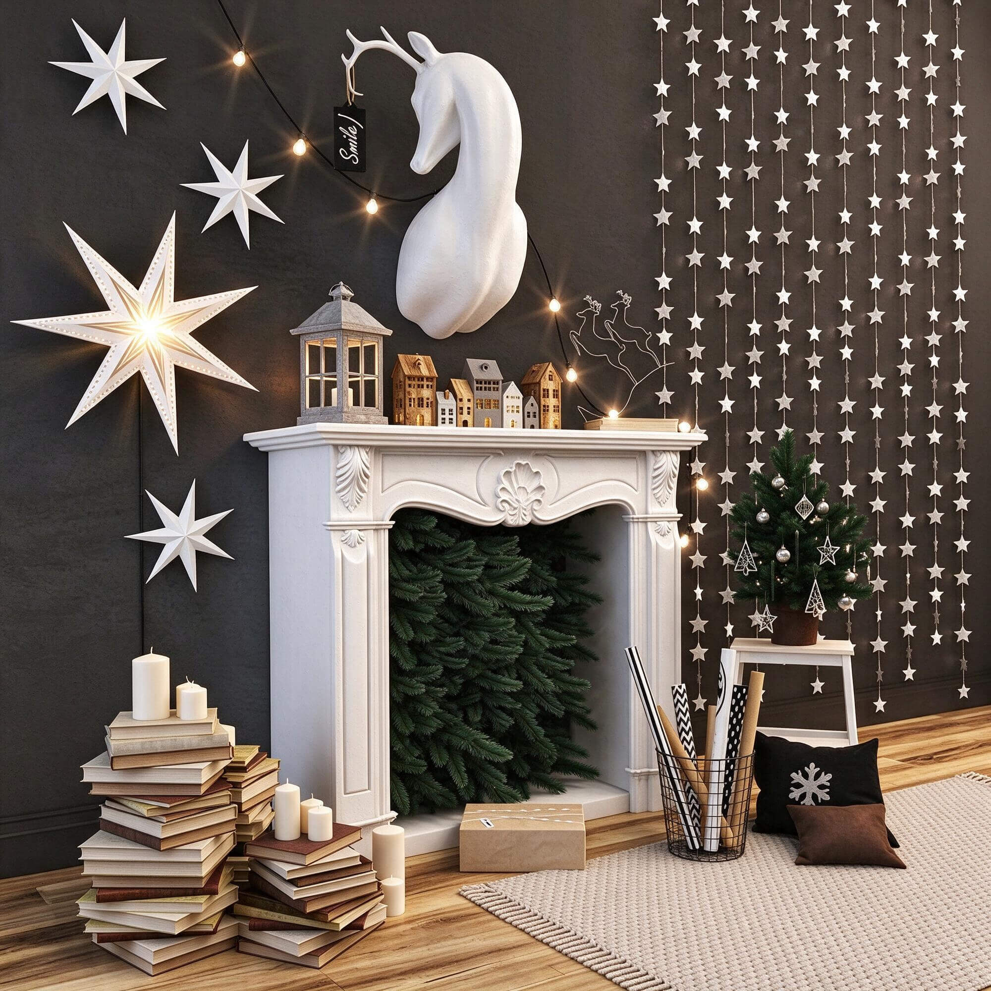 Christmas Decorative Fireplace Scene with Festive Decor 3D M 3D Model