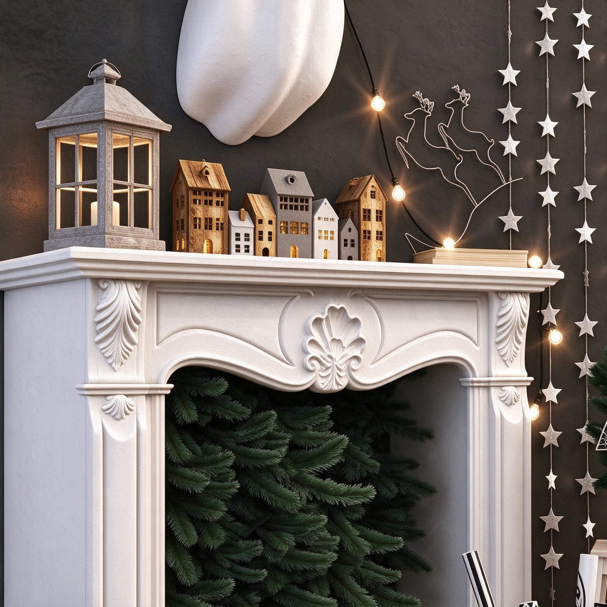 Christmas Decorative Fireplace Scene with Festive Decor 3D M 3D Model