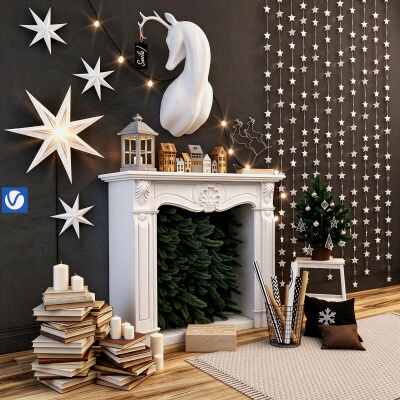 Christmas Decorative Fireplace Scene with Festive Decor 3D M