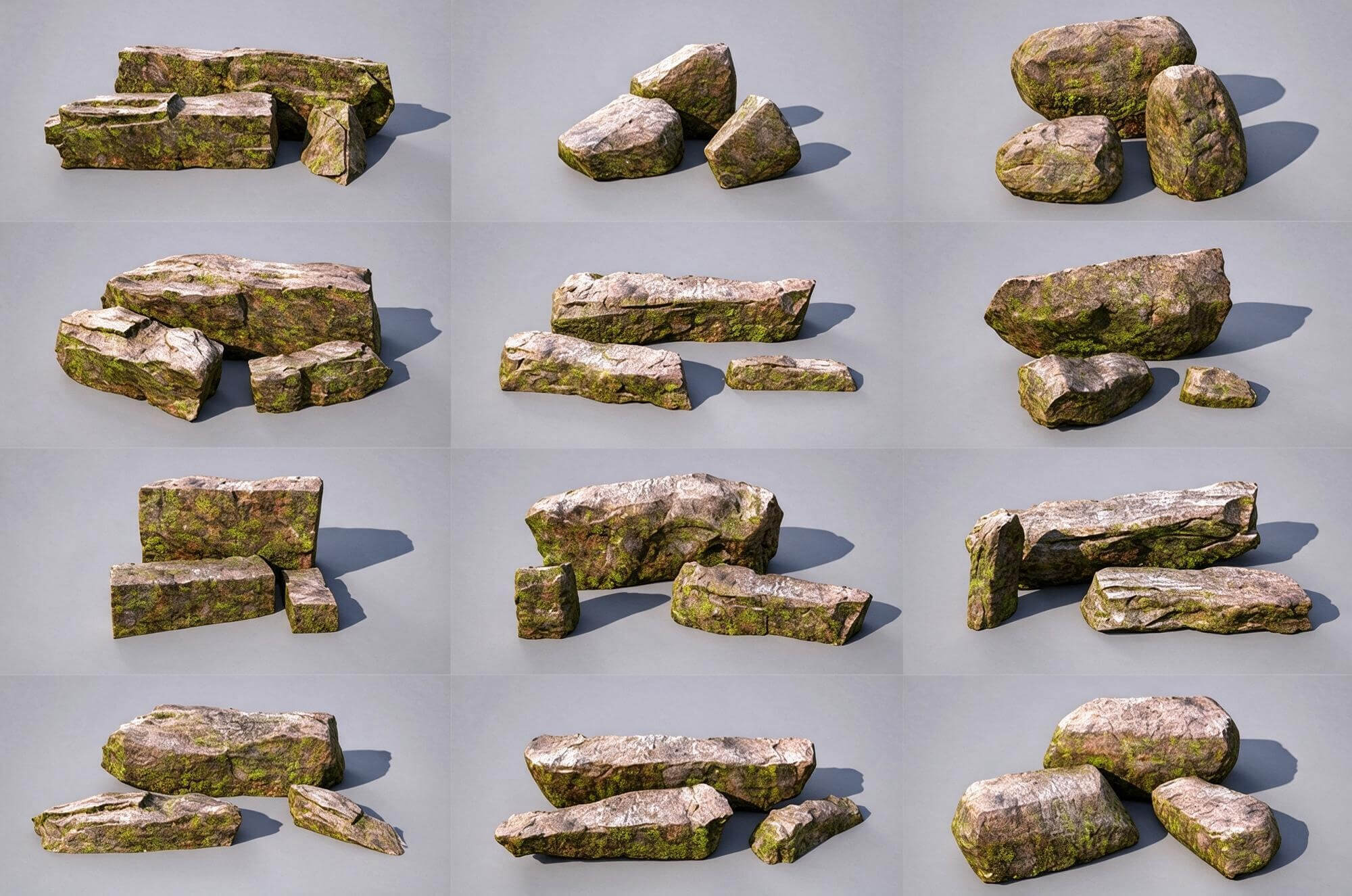 Flat Mossy Boulder Cluster Pack 3D Model 3D Model