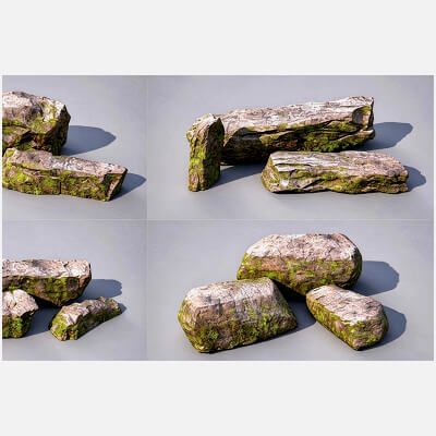 Flat Mossy Boulder Cluster Pack 3D Model
