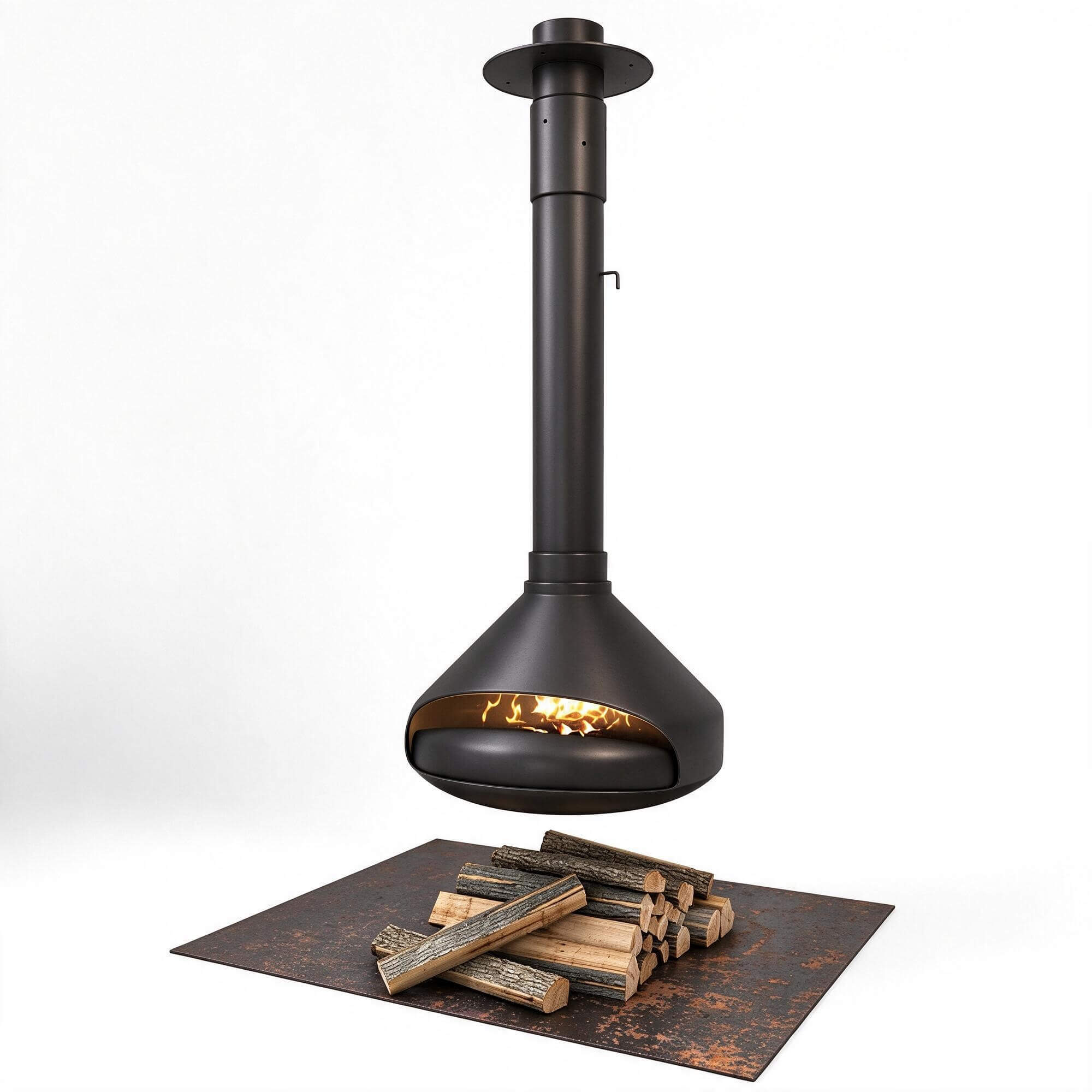 Hanging Cone Wood Burning Fireplace with Log Stack and Rust 3D Model