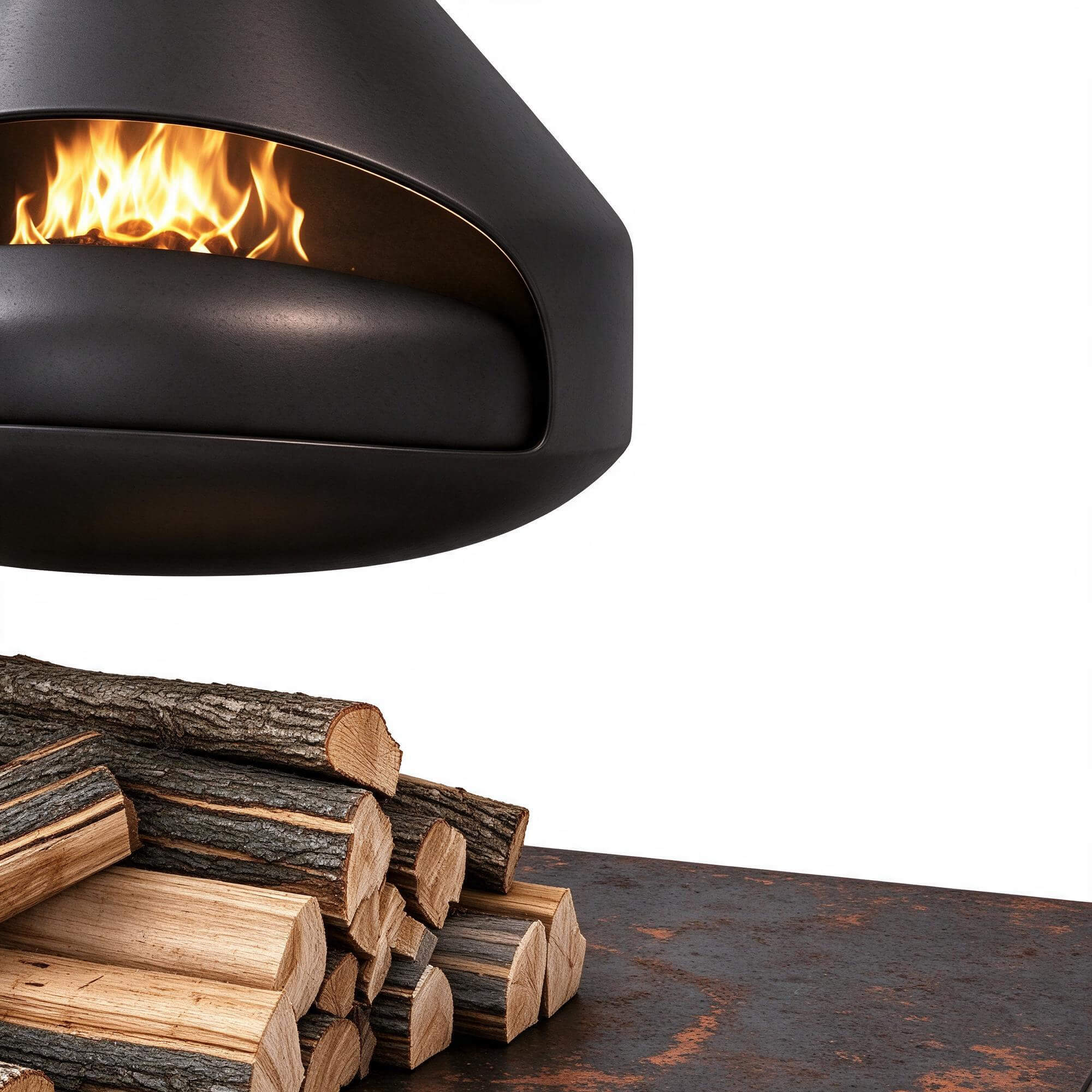 Hanging Cone Wood Burning Fireplace with Log Stack and Rust 3D Model