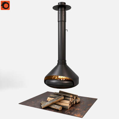 Hanging Cone Wood Burning Fireplace with Log Stack and Rust