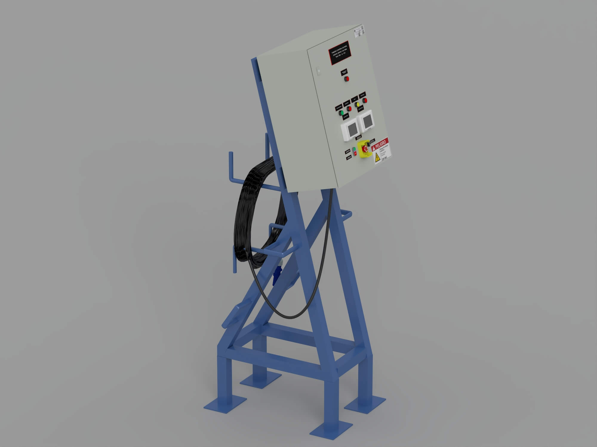 Industrial Electrical Control Panel on Blue Metal Stand 3D Model