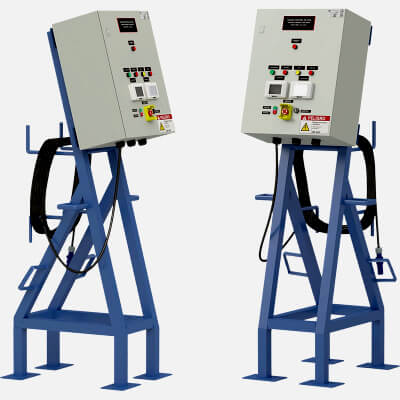 Industrial Electrical Control Panel on Blue Metal Stand