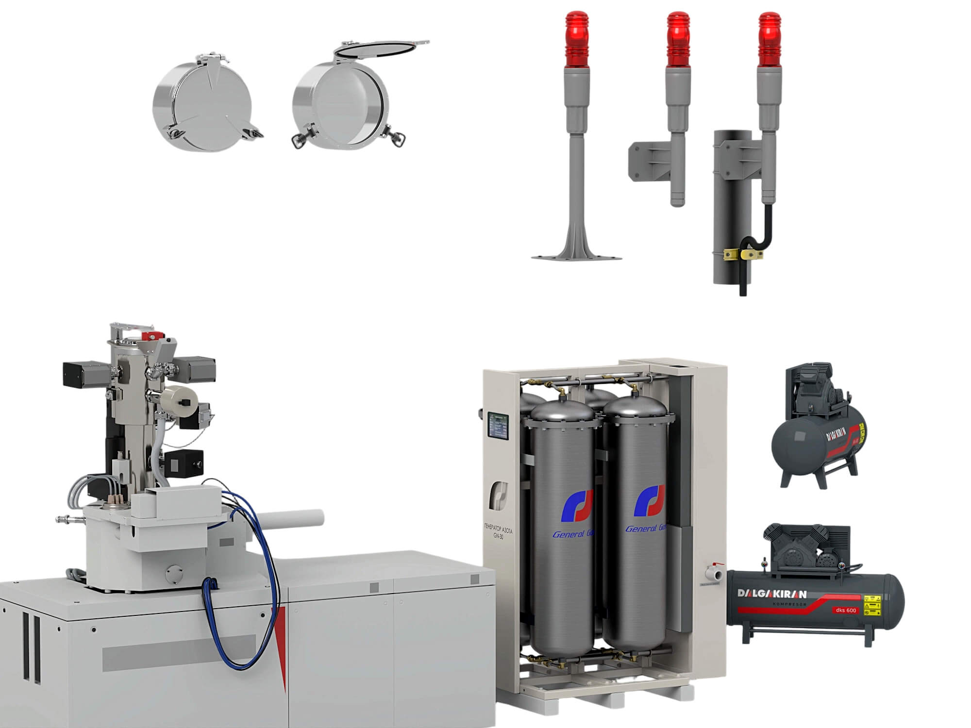 Industrial Gas Processing Equipment Set with Warning Lights 3D Model