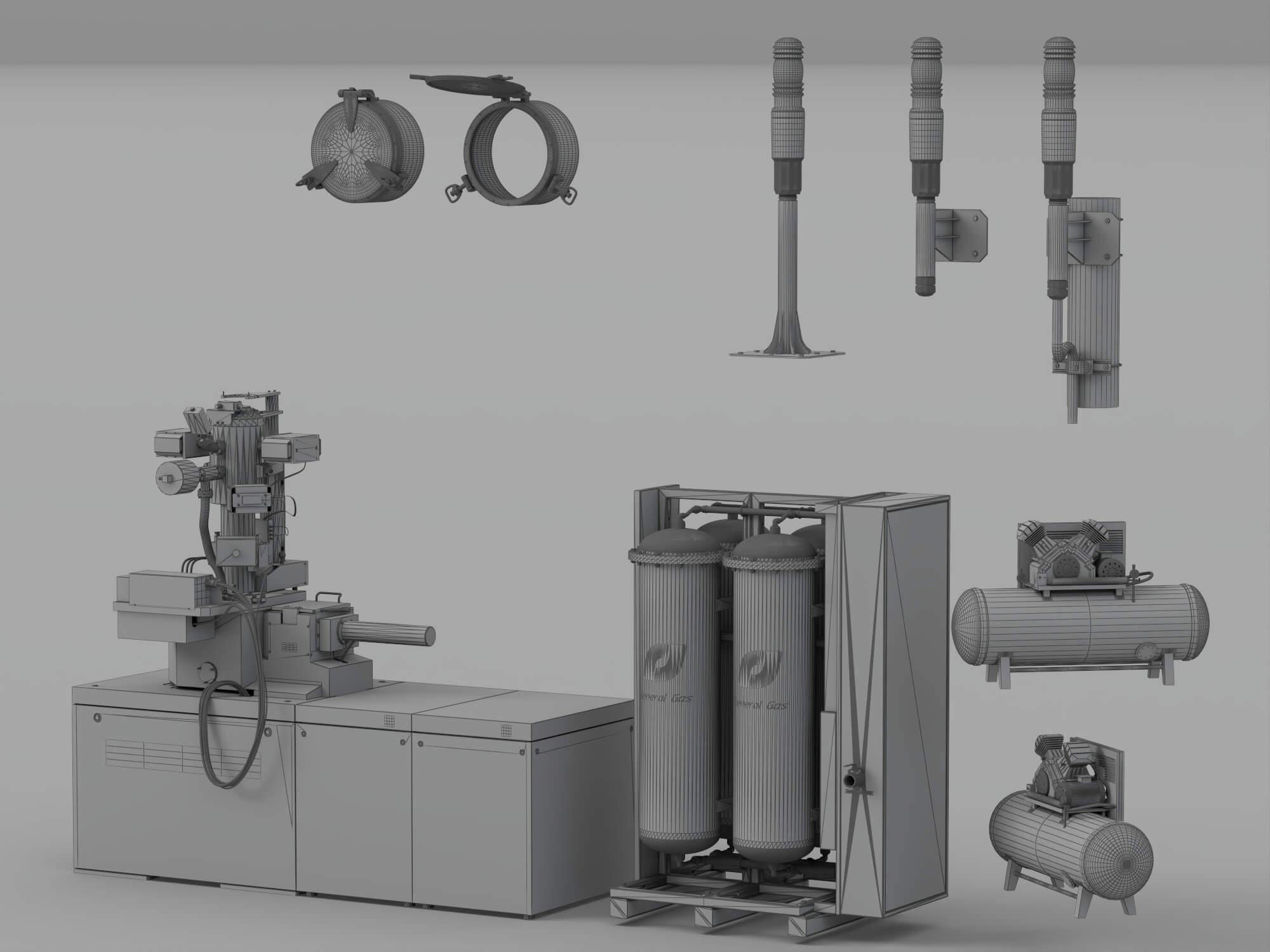 Industrial Gas Processing Equipment Set with Warning Lights 3D Model