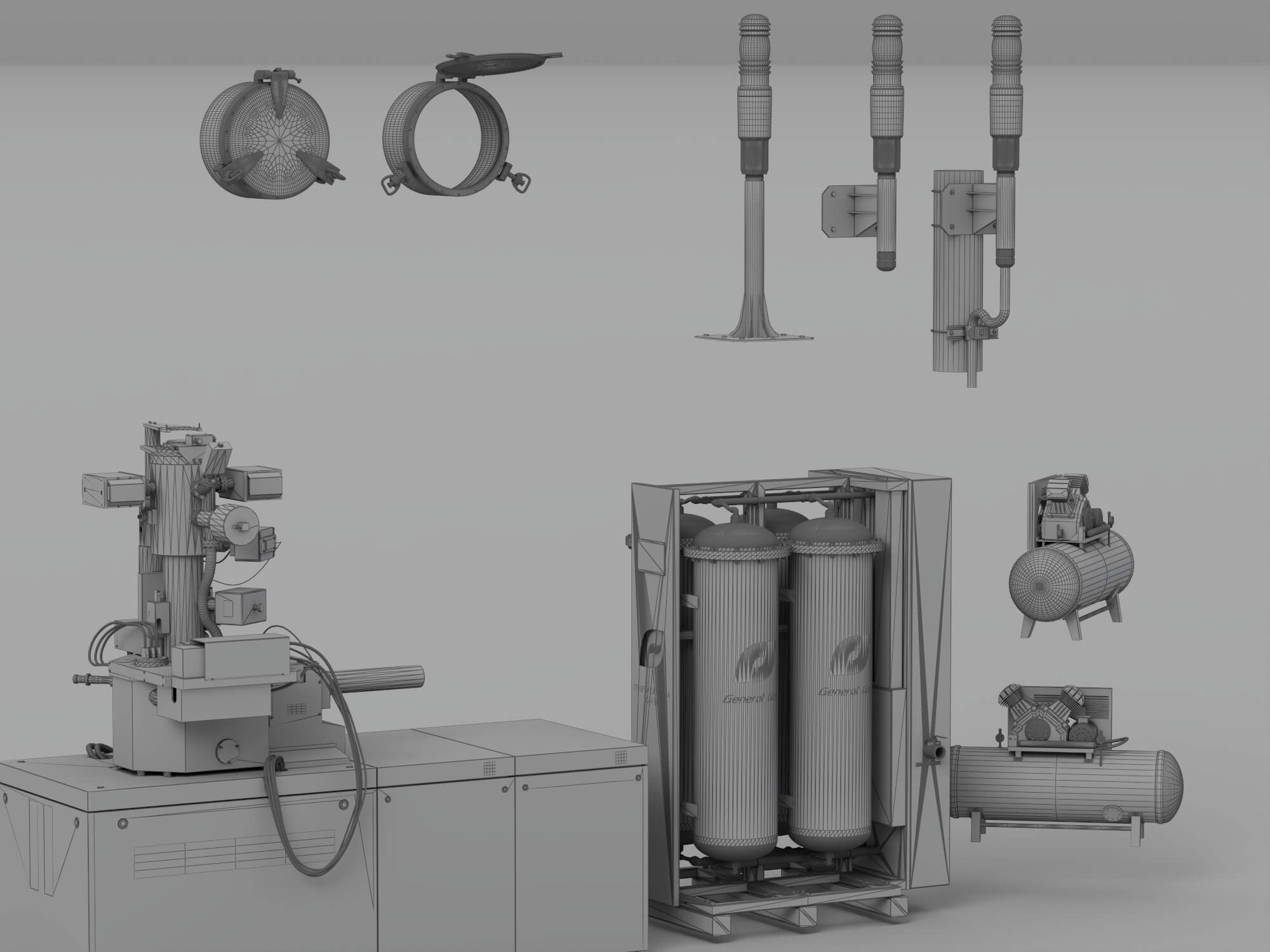 Industrial Gas Processing Equipment Set with Warning Lights 3D Model